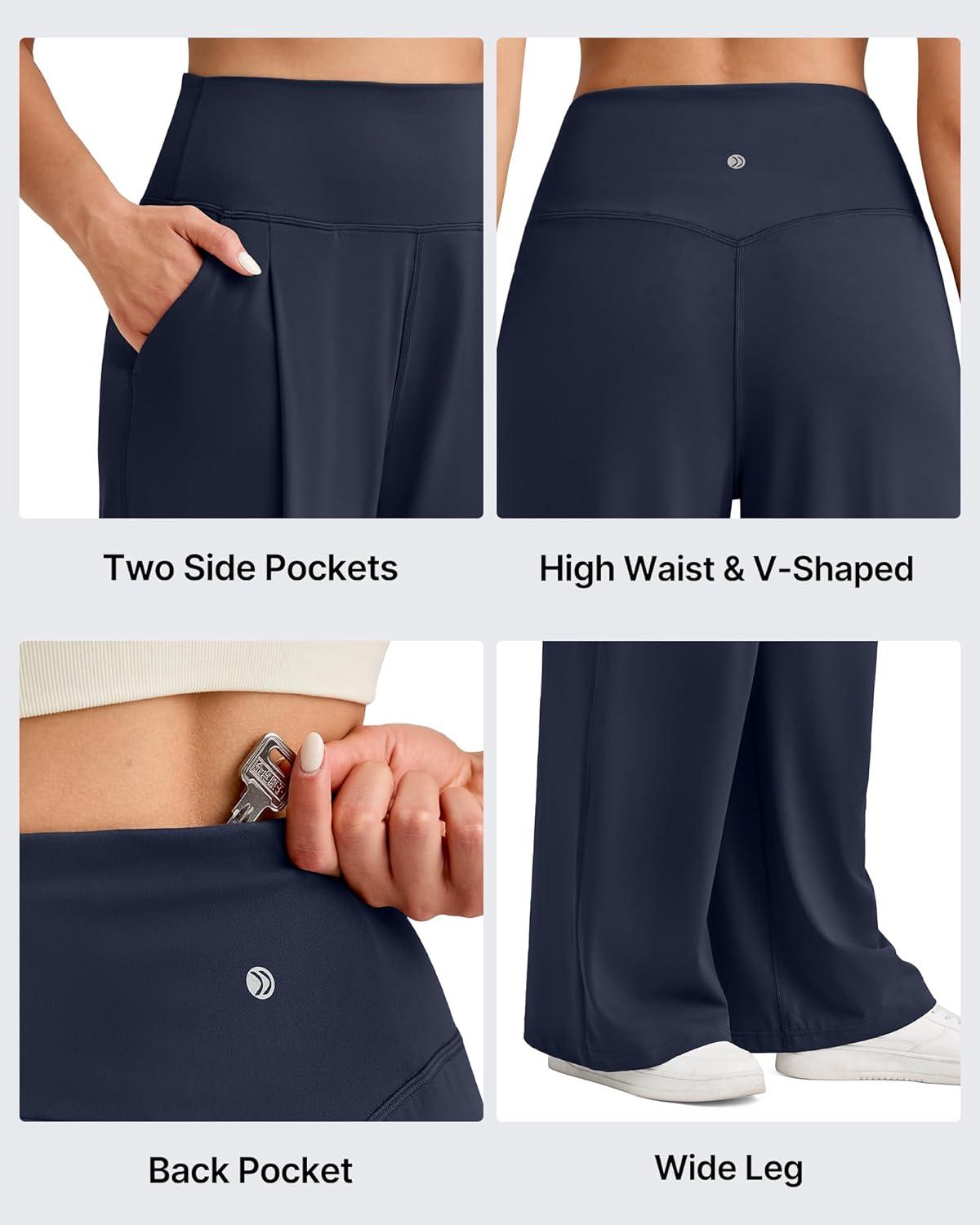 imageG4Free BareFeel High Stretch Wide Leg Pants for Women Soft High Waisted Pleated Casual Pants with Pockets 28quot30quot32quotDark Navy