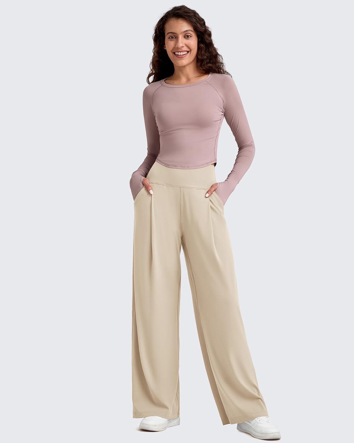 imageG4Free BareFeel High Stretch Wide Leg Pants for Women Soft High Waisted Pleated Casual Pants with Pockets 28quot30quot32quotLight Khaki