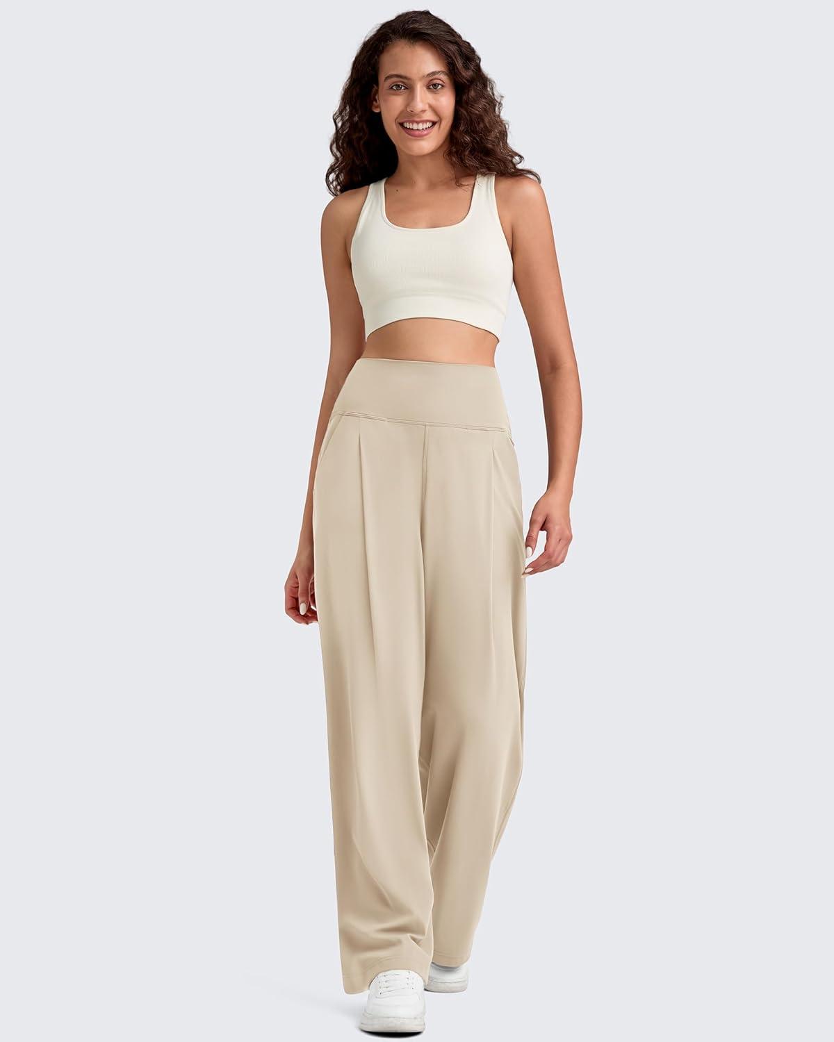 imageG4Free BareFeel High Stretch Wide Leg Pants for Women Soft High Waisted Pleated Casual Pants with Pockets 28quot30quot32quotLight Khaki