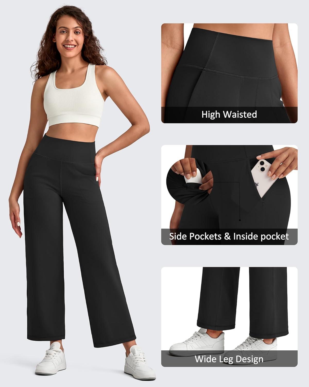 imageG4Free BareFeel High Stretch Wide Leg Yoga Pants for Women Soft High Waist Ankle Length Casual Pants with Pockets 25quot27quot29quotBlack