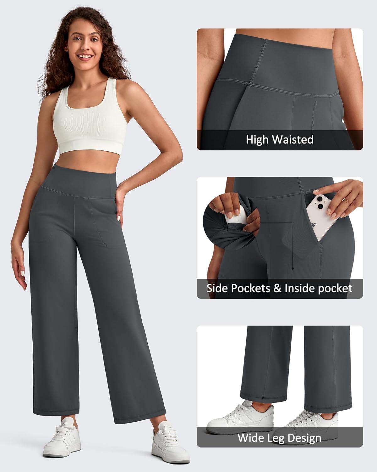 imageG4Free BareFeel High Stretch Wide Leg Yoga Pants for Women Soft High Waist Ankle Length Casual Pants with Pockets 25quot27quot29quotDark Gray