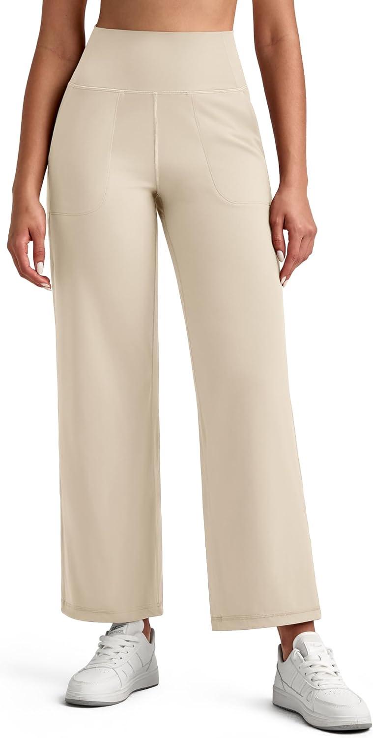 imageG4Free BareFeel High Stretch Wide Leg Yoga Pants for Women Soft High Waist Ankle Length Casual Pants with Pockets 25quot27quot29quotLight Khaki