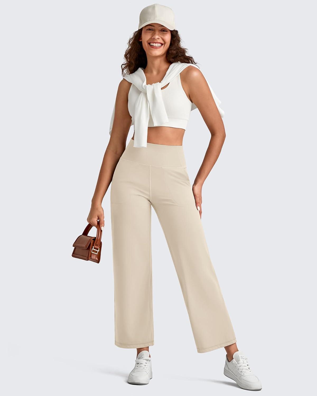 imageG4Free BareFeel High Stretch Wide Leg Yoga Pants for Women Soft High Waist Ankle Length Casual Pants with Pockets 25quot27quot29quotLight Khaki