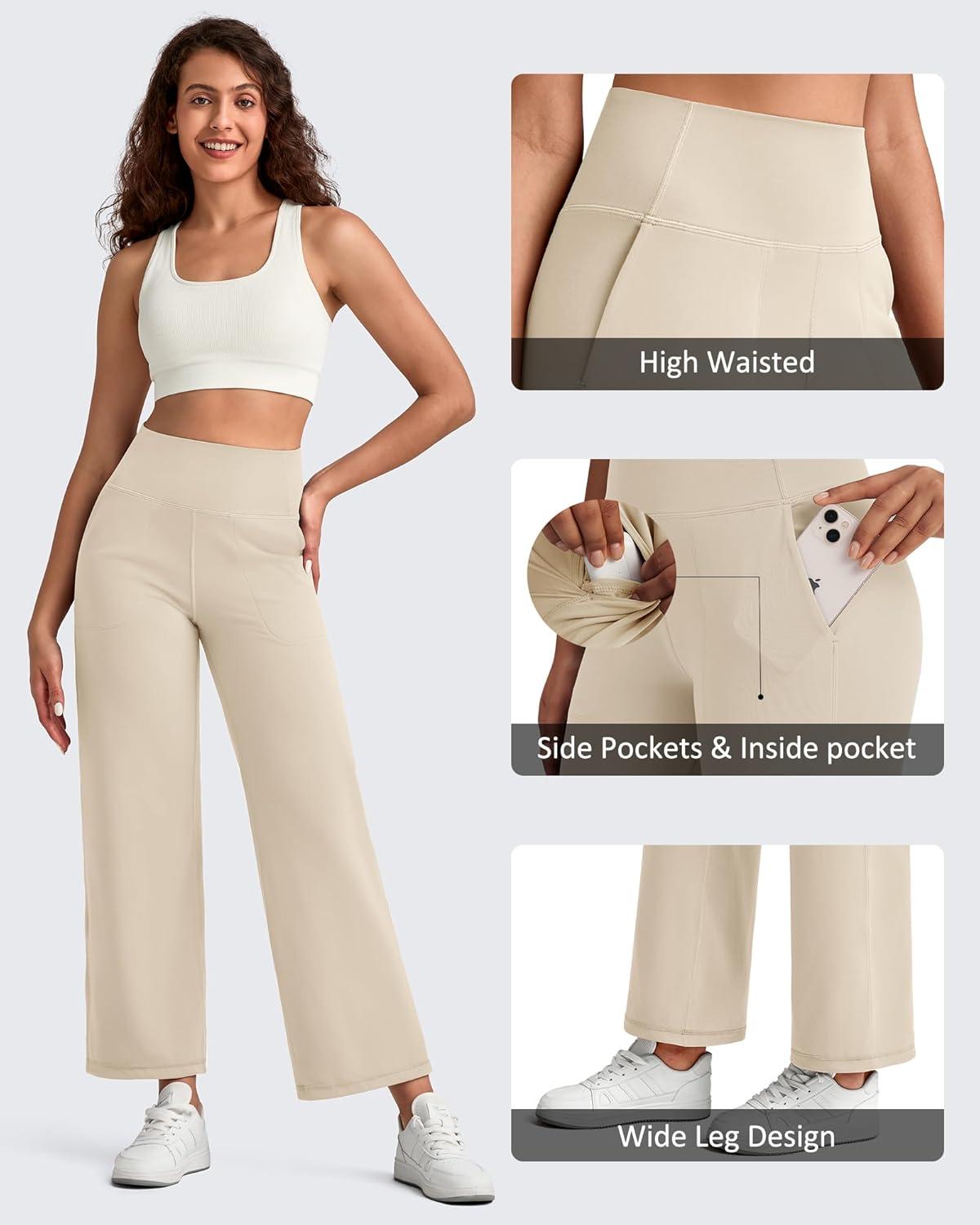 imageG4Free BareFeel High Stretch Wide Leg Yoga Pants for Women Soft High Waist Ankle Length Casual Pants with Pockets 25quot27quot29quotLight Khaki