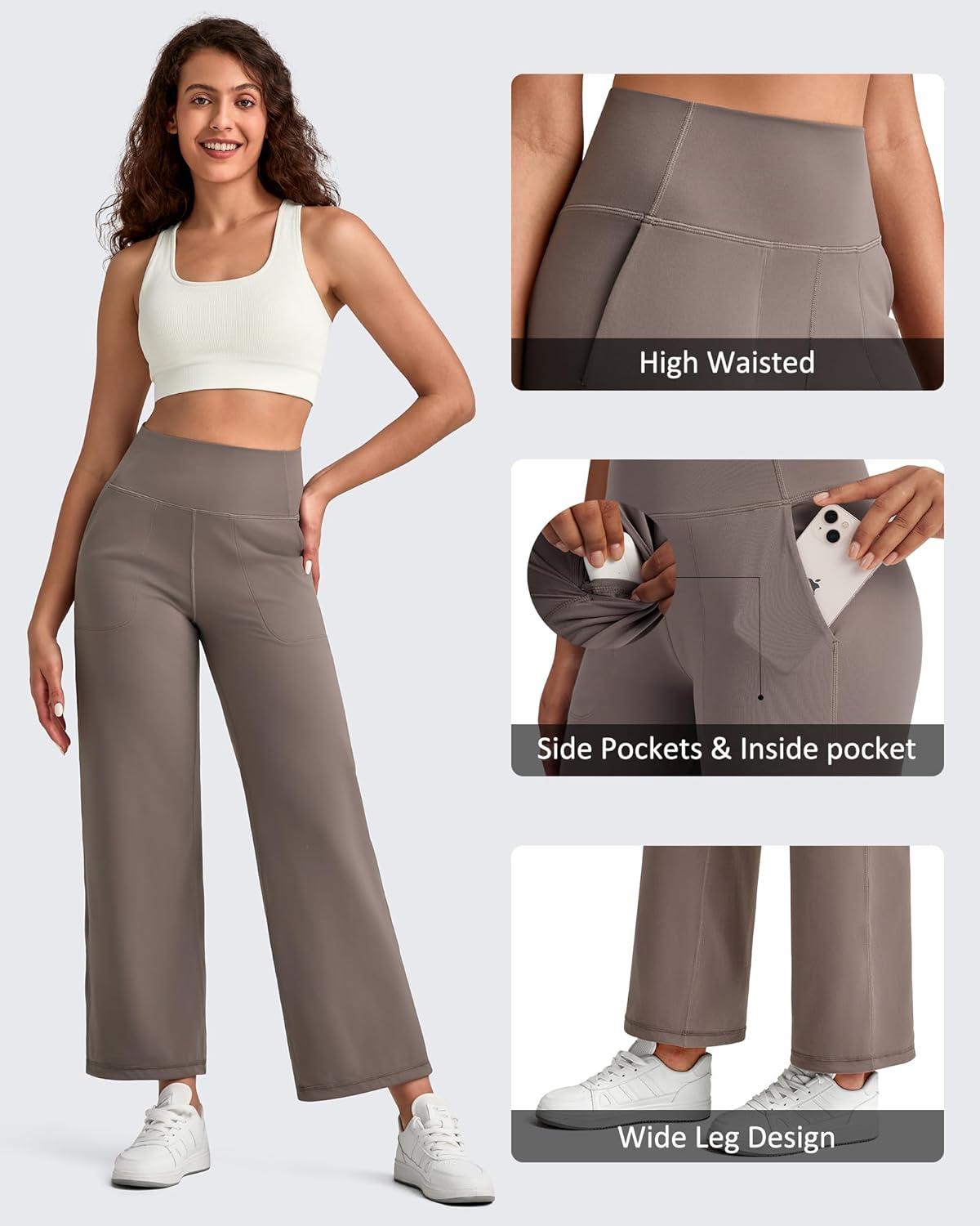 imageG4Free BareFeel High Stretch Wide Leg Yoga Pants for Women Soft High Waist Ankle Length Casual Pants with Pockets 25quot27quot29quotTaupe