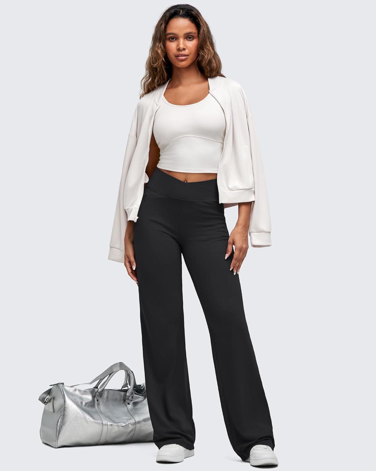 imageG4Free BareFeel High Stretch Women Wide Leg Yoga Pants Cross Waist Casual Trousers with Zipper Pockets 29quot31quot33quotBlack