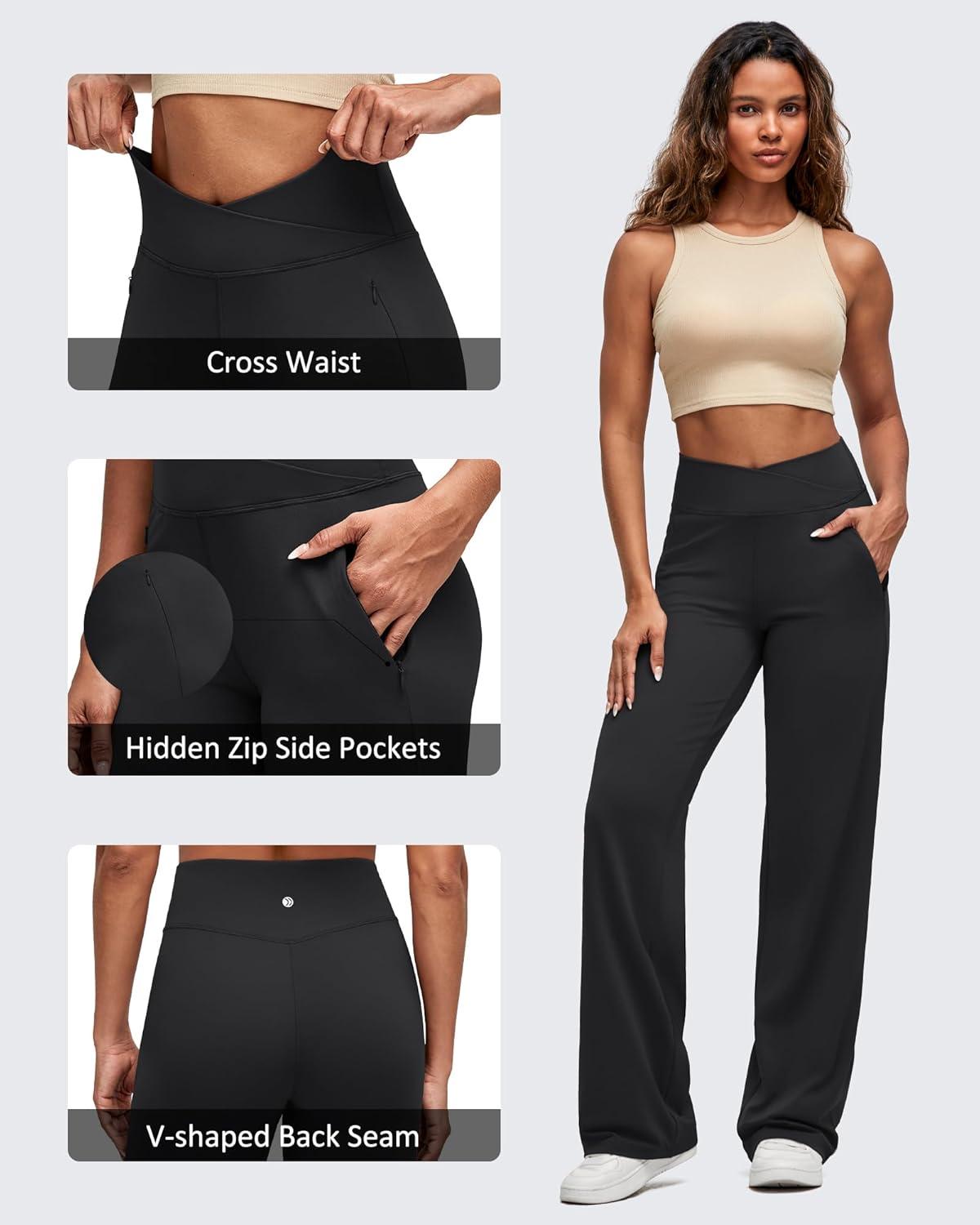 imageG4Free BareFeel High Stretch Women Wide Leg Yoga Pants Cross Waist Casual Trousers with Zipper Pockets 29quot31quot33quotBlack