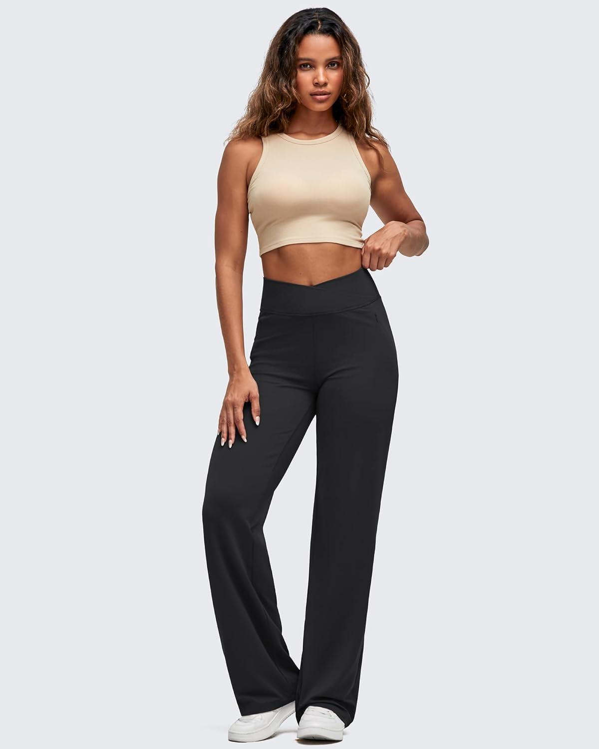 imageG4Free BareFeel High Stretch Women Wide Leg Yoga Pants Cross Waist Casual Trousers with Zipper Pockets 29quot31quot33quotBlack
