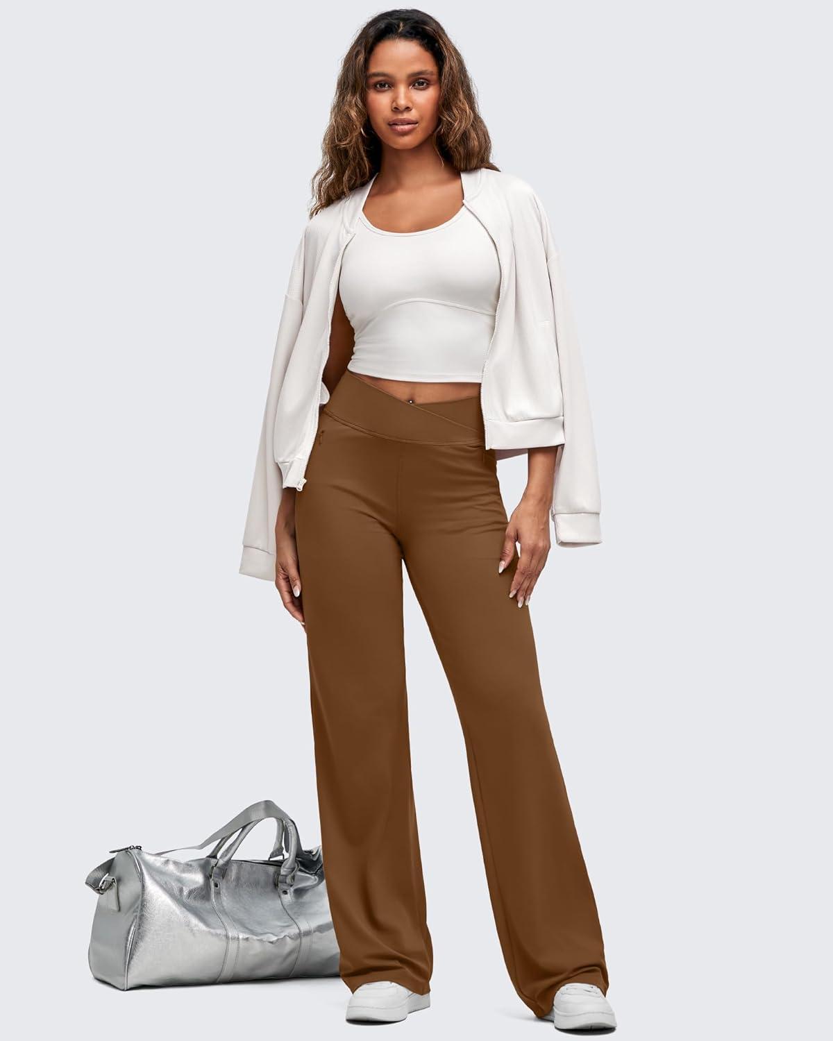 imageG4Free BareFeel High Stretch Women Wide Leg Yoga Pants Cross Waist Casual Trousers with Zipper Pockets 29quot31quot33quotDark Coffee