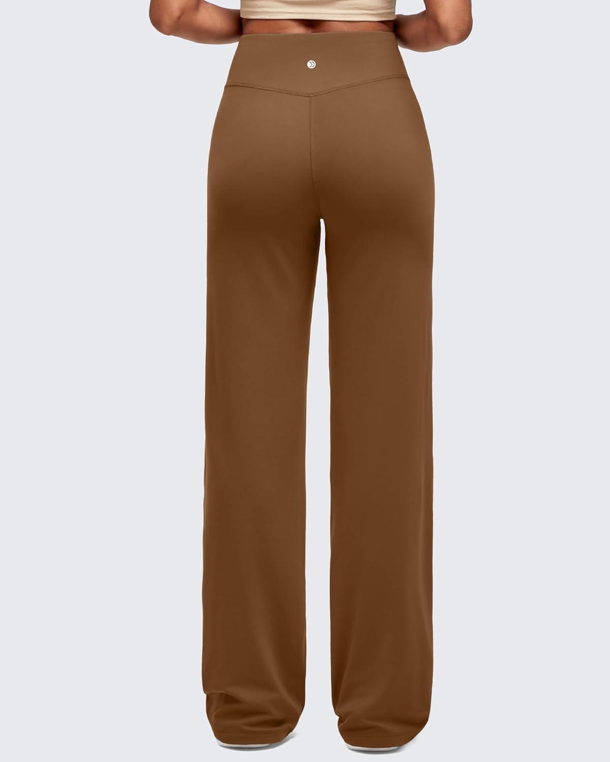 imageG4Free BareFeel High Stretch Women Wide Leg Yoga Pants Cross Waist Casual Trousers with Zipper Pockets 29quot31quot33quotDark Coffee