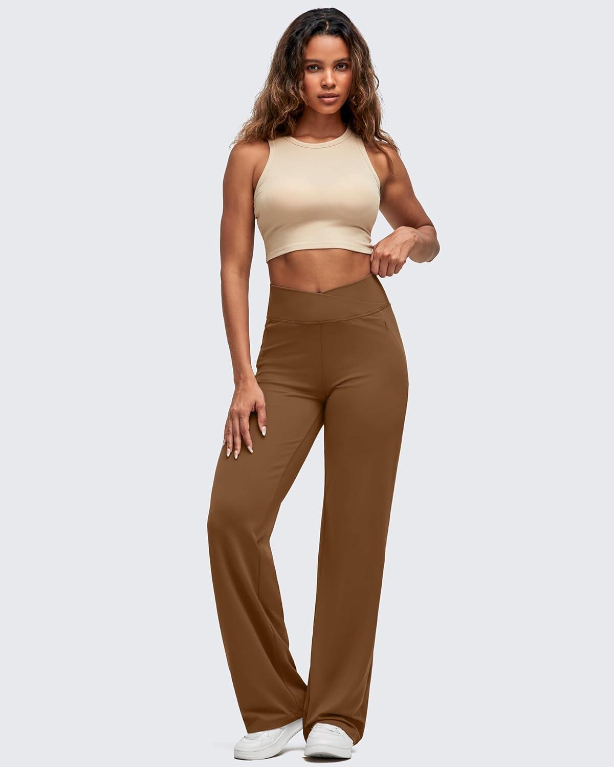 imageG4Free BareFeel High Stretch Women Wide Leg Yoga Pants Cross Waist Casual Trousers with Zipper Pockets 29quot31quot33quotDark Coffee