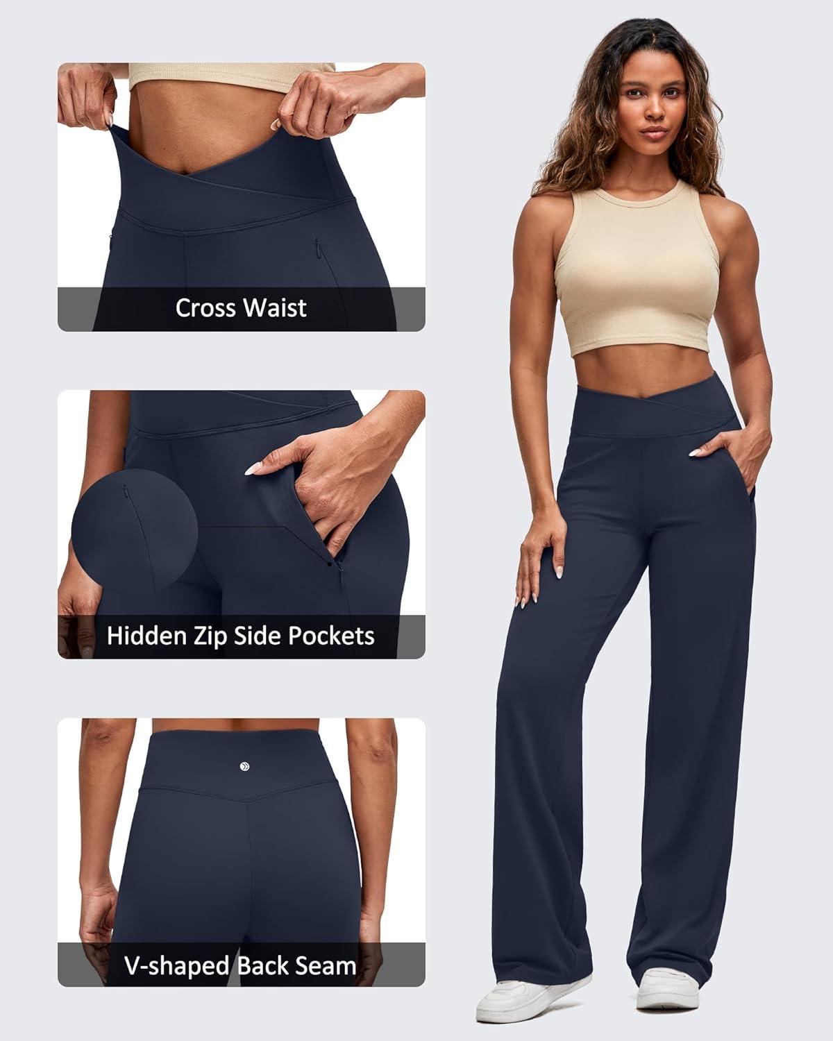 imageG4Free BareFeel High Stretch Women Wide Leg Yoga Pants Cross Waist Casual Trousers with Zipper Pockets 29quot31quot33quotDark Navy