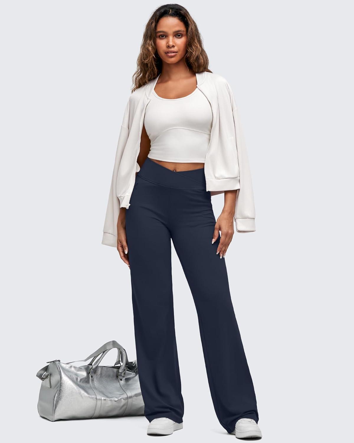 imageG4Free BareFeel High Stretch Women Wide Leg Yoga Pants Cross Waist Casual Trousers with Zipper Pockets 29quot31quot33quotDark Navy