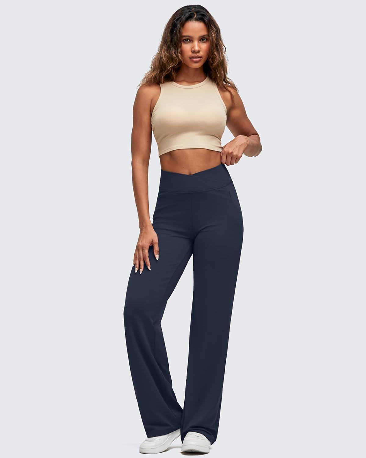 imageG4Free BareFeel High Stretch Women Wide Leg Yoga Pants Cross Waist Casual Trousers with Zipper Pockets 29quot31quot33quotDark Navy