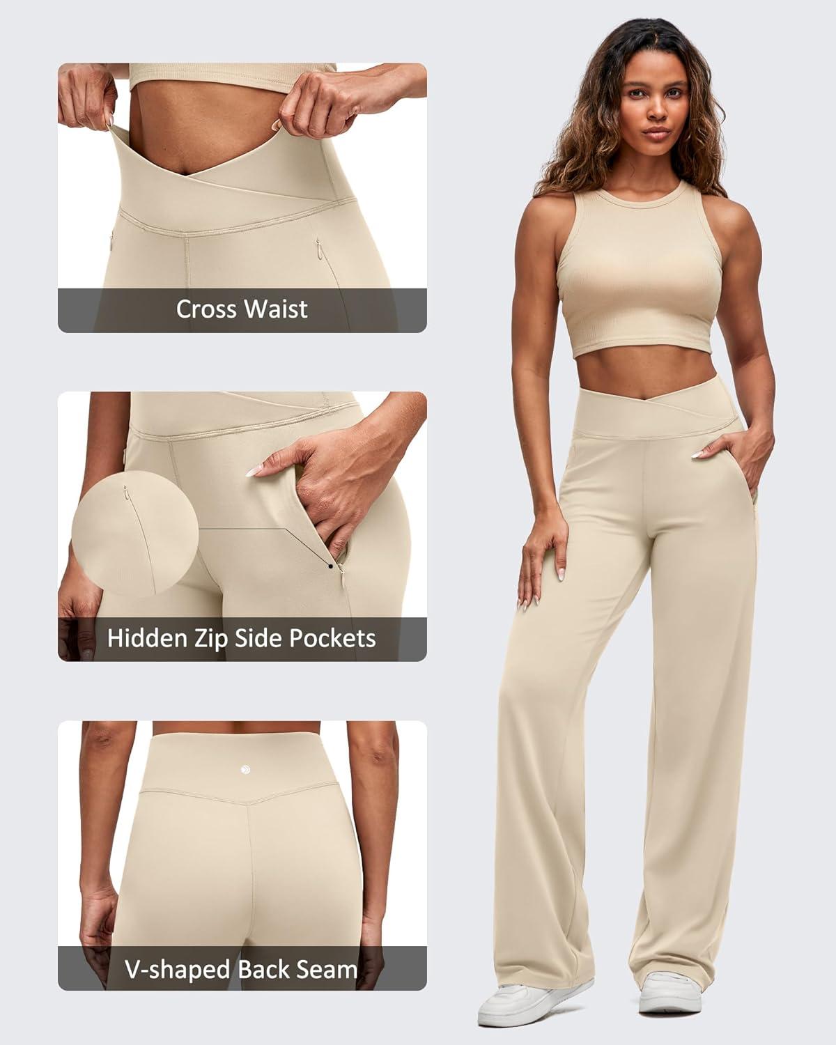 imageG4Free BareFeel High Stretch Women Wide Leg Yoga Pants Cross Waist Casual Trousers with Zipper Pockets 29quot31quot33quotLight Khaki