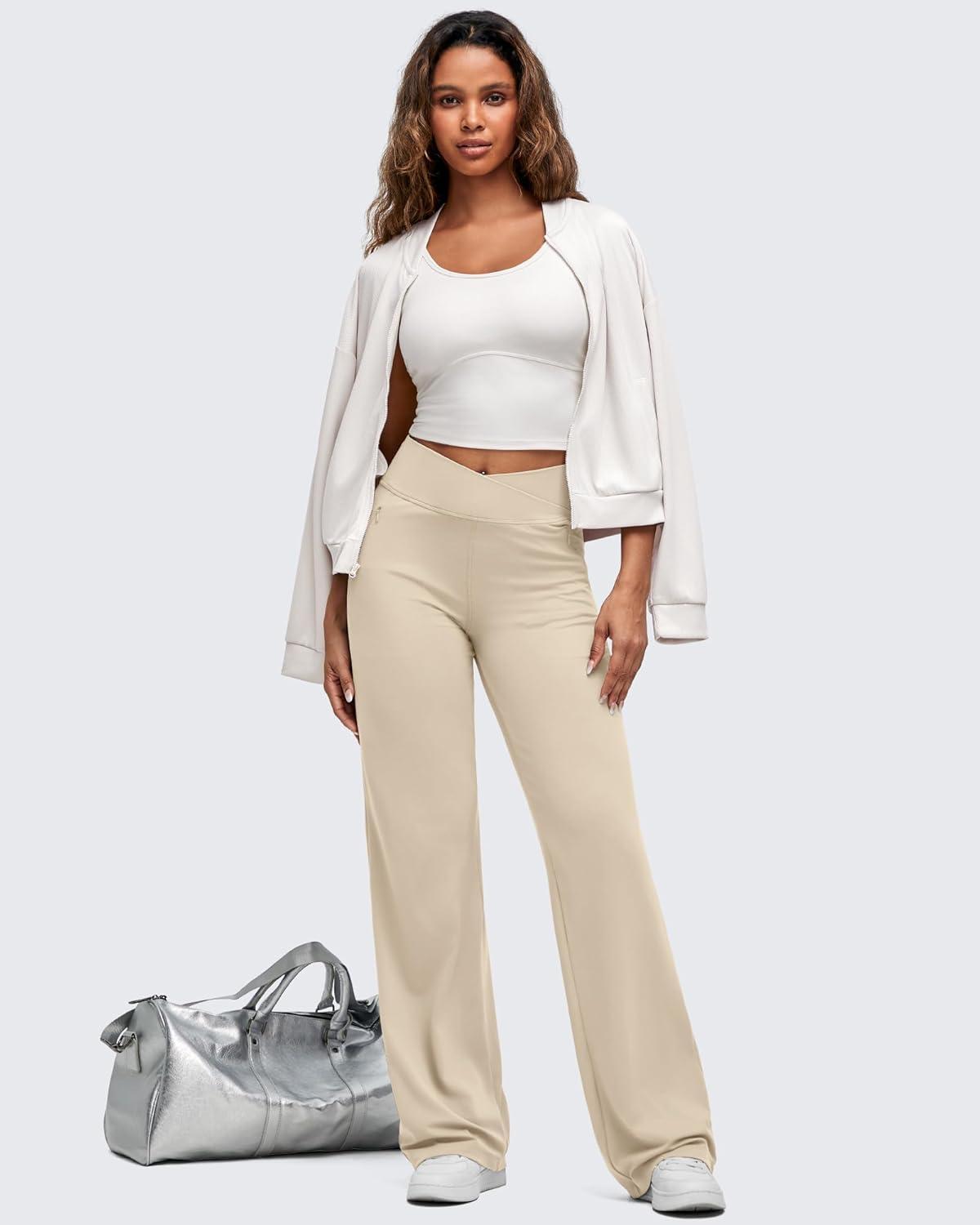 imageG4Free BareFeel High Stretch Women Wide Leg Yoga Pants Cross Waist Casual Trousers with Zipper Pockets 29quot31quot33quotLight Khaki