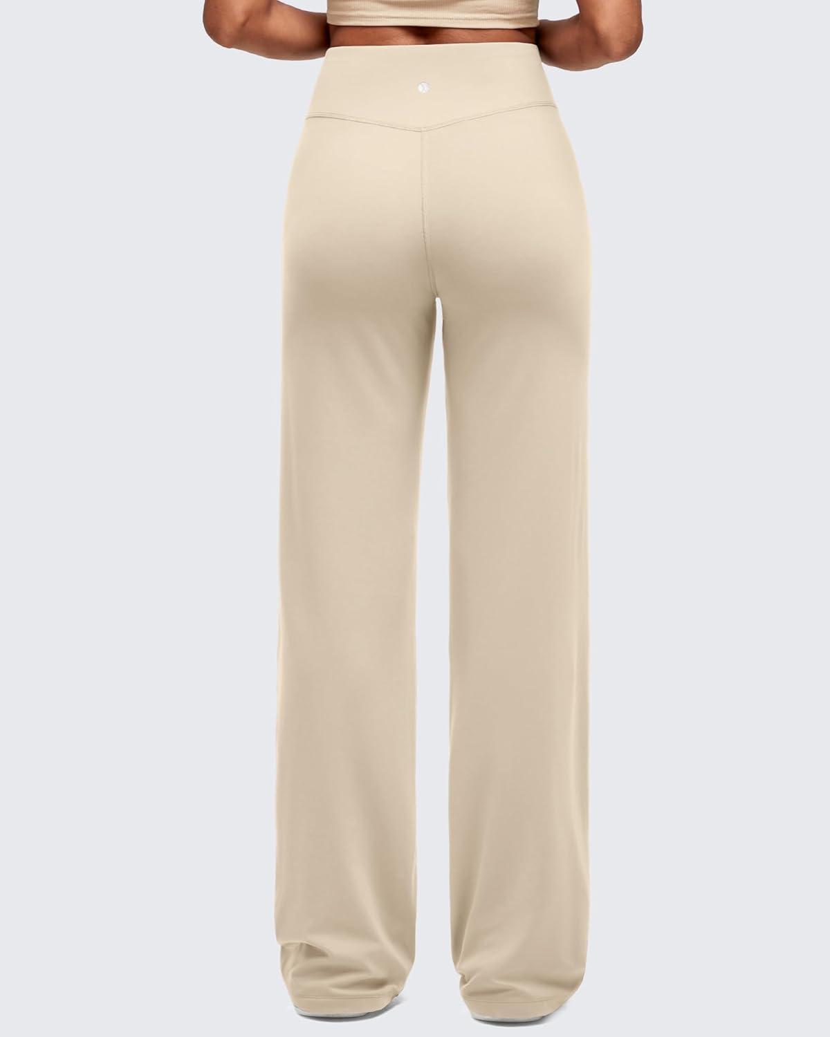 imageG4Free BareFeel High Stretch Women Wide Leg Yoga Pants Cross Waist Casual Trousers with Zipper Pockets 29quot31quot33quotLight Khaki