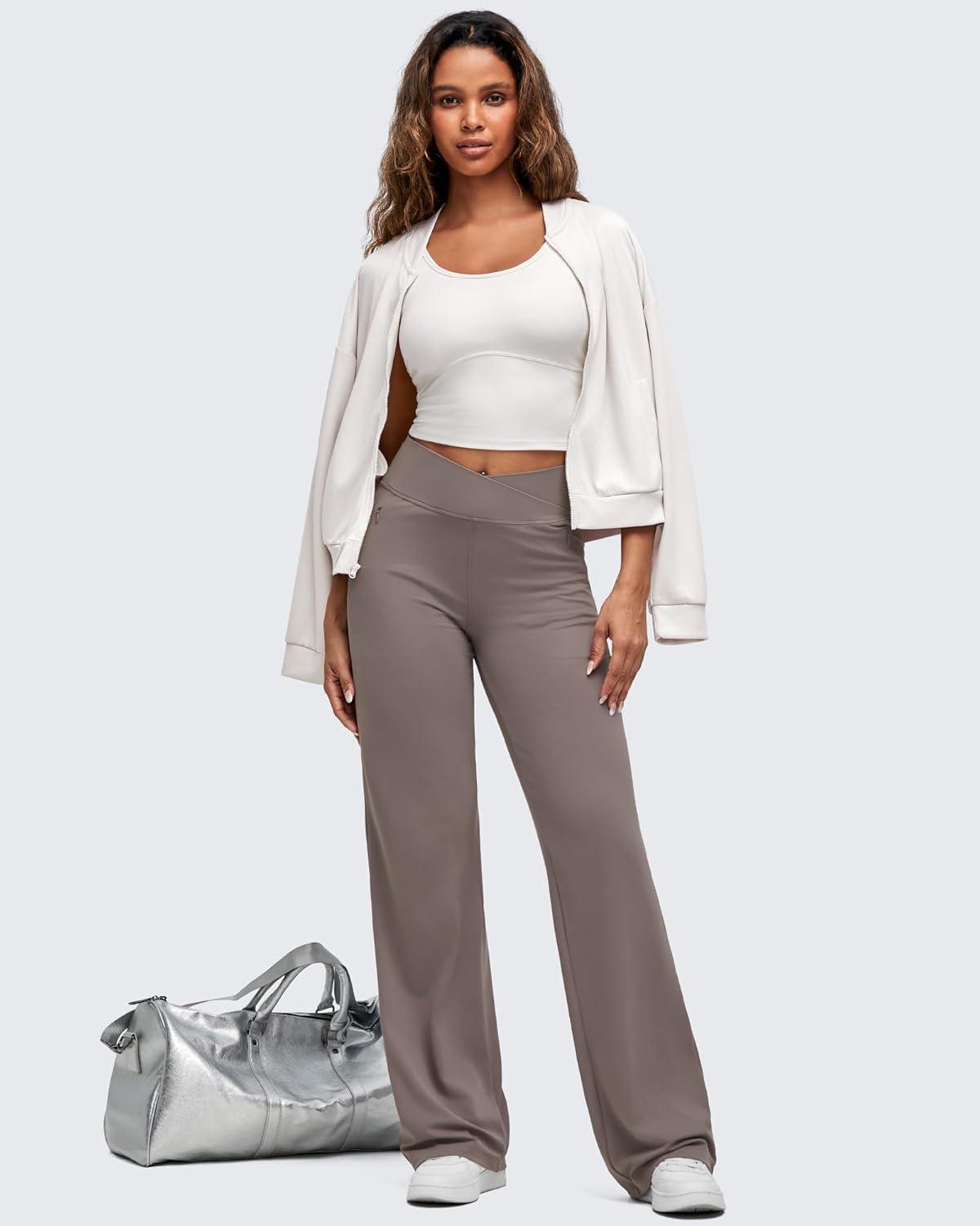 imageG4Free BareFeel High Stretch Women Wide Leg Yoga Pants Cross Waist Casual Trousers with Zipper Pockets 29quot31quot33quotTaupe