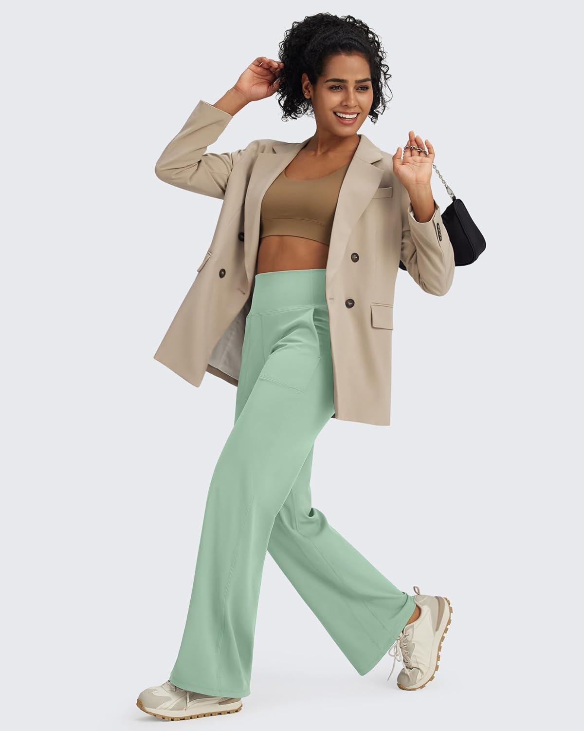 imageG4Free BareFeel High Stretch Yoga Pants Women Soft High Waisted Casual Wide Leg Pants with PocketsBean Green