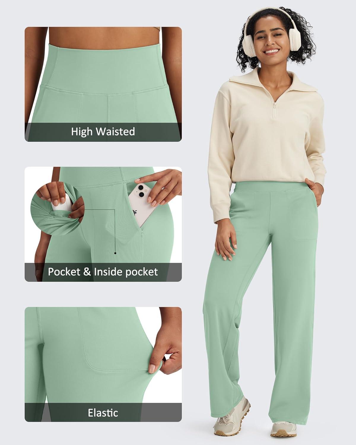 imageG4Free BareFeel High Stretch Yoga Pants Women Soft High Waisted Casual Wide Leg Pants with PocketsBean Green