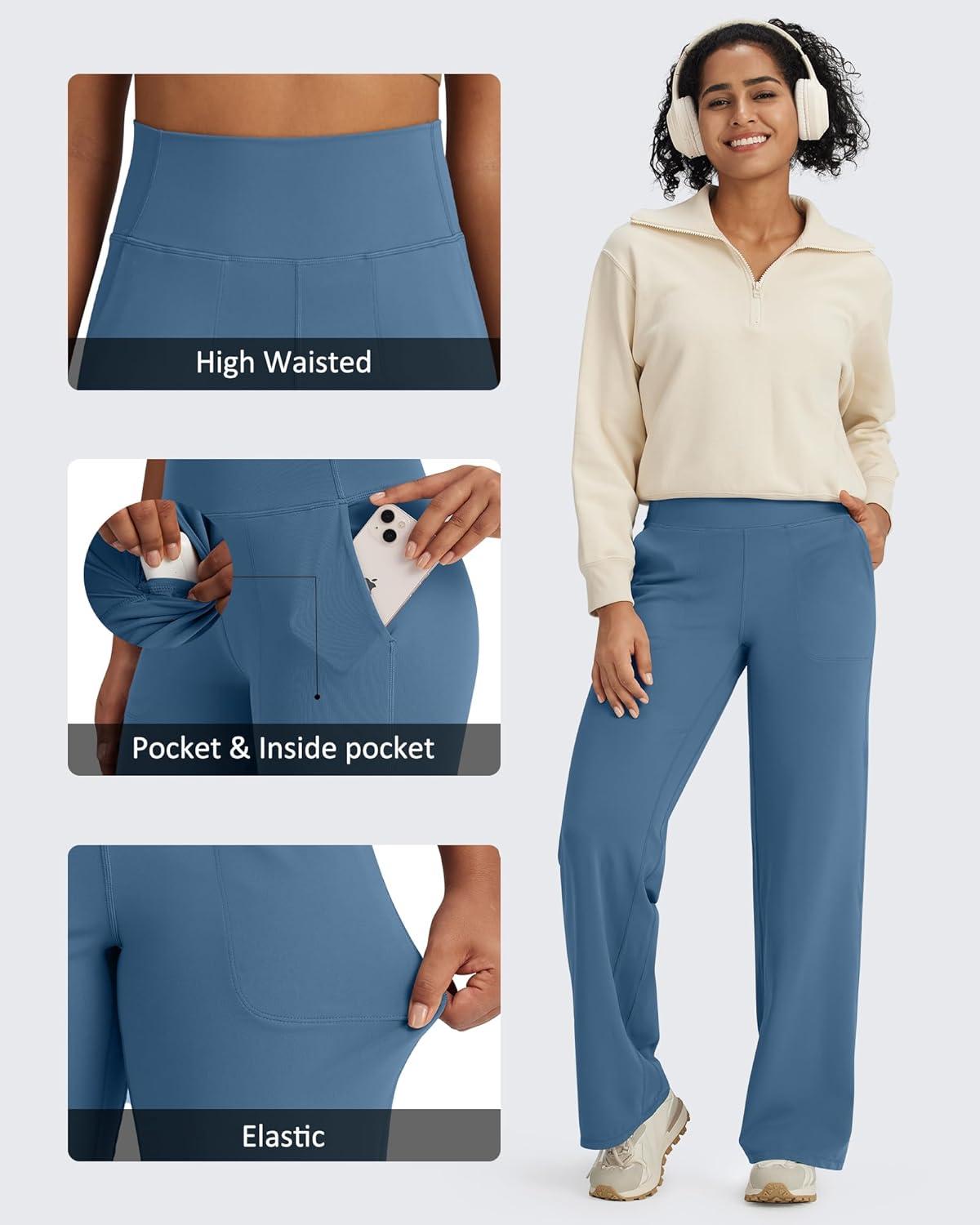 imageG4Free BareFeel High Stretch Yoga Pants Women Soft High Waisted Casual Wide Leg Pants with PocketsBlue Gray