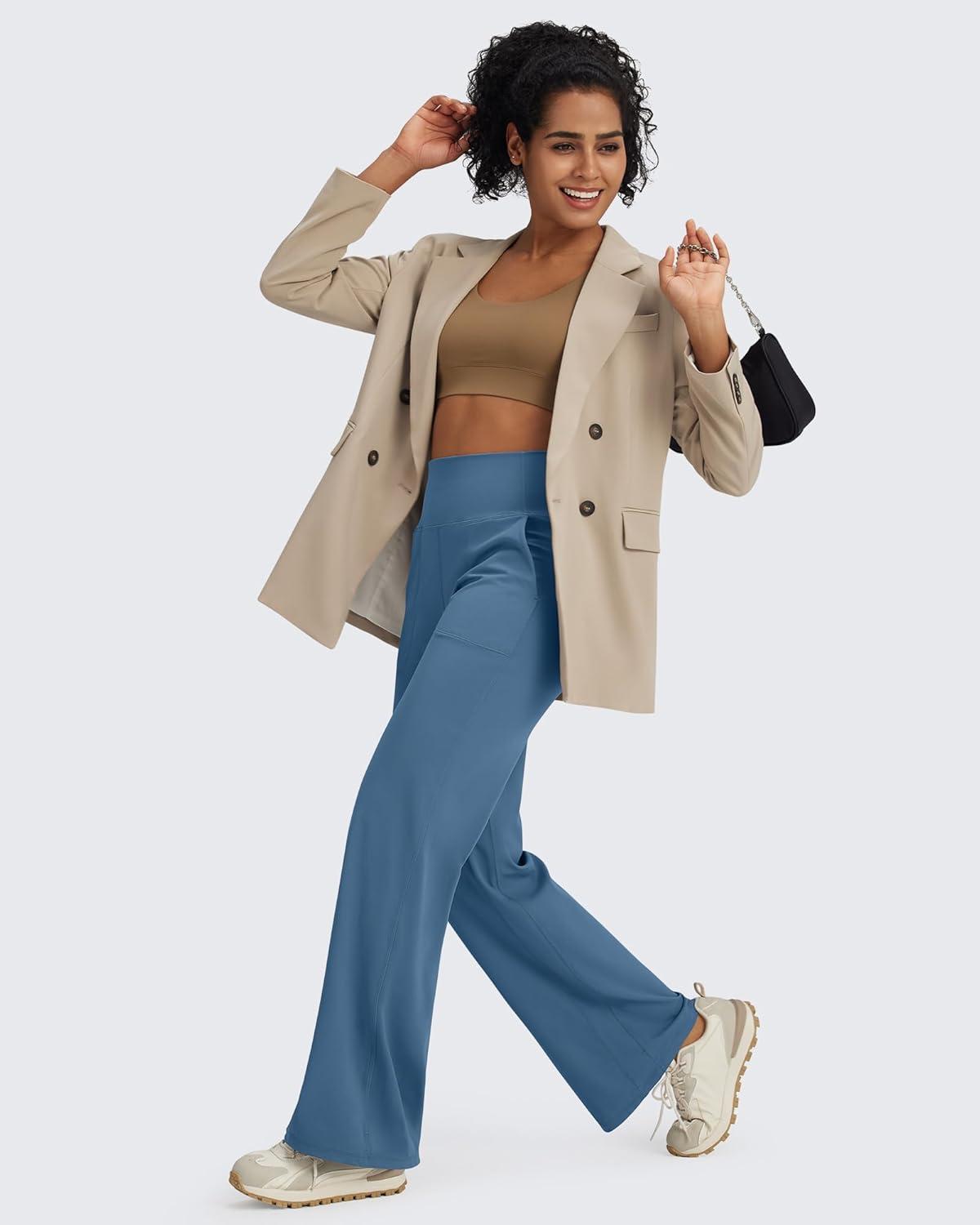 imageG4Free BareFeel High Stretch Yoga Pants Women Soft High Waisted Casual Wide Leg Pants with PocketsBlue Gray