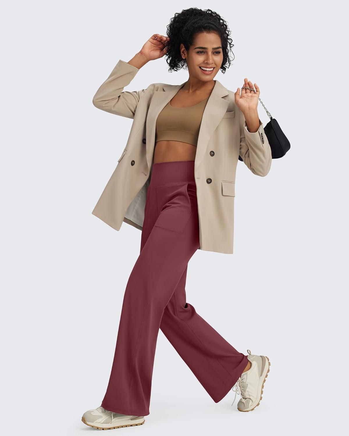 imageG4Free BareFeel High Stretch Yoga Pants Women Soft High Waisted Casual Wide Leg Pants with PocketsDark Burgundy