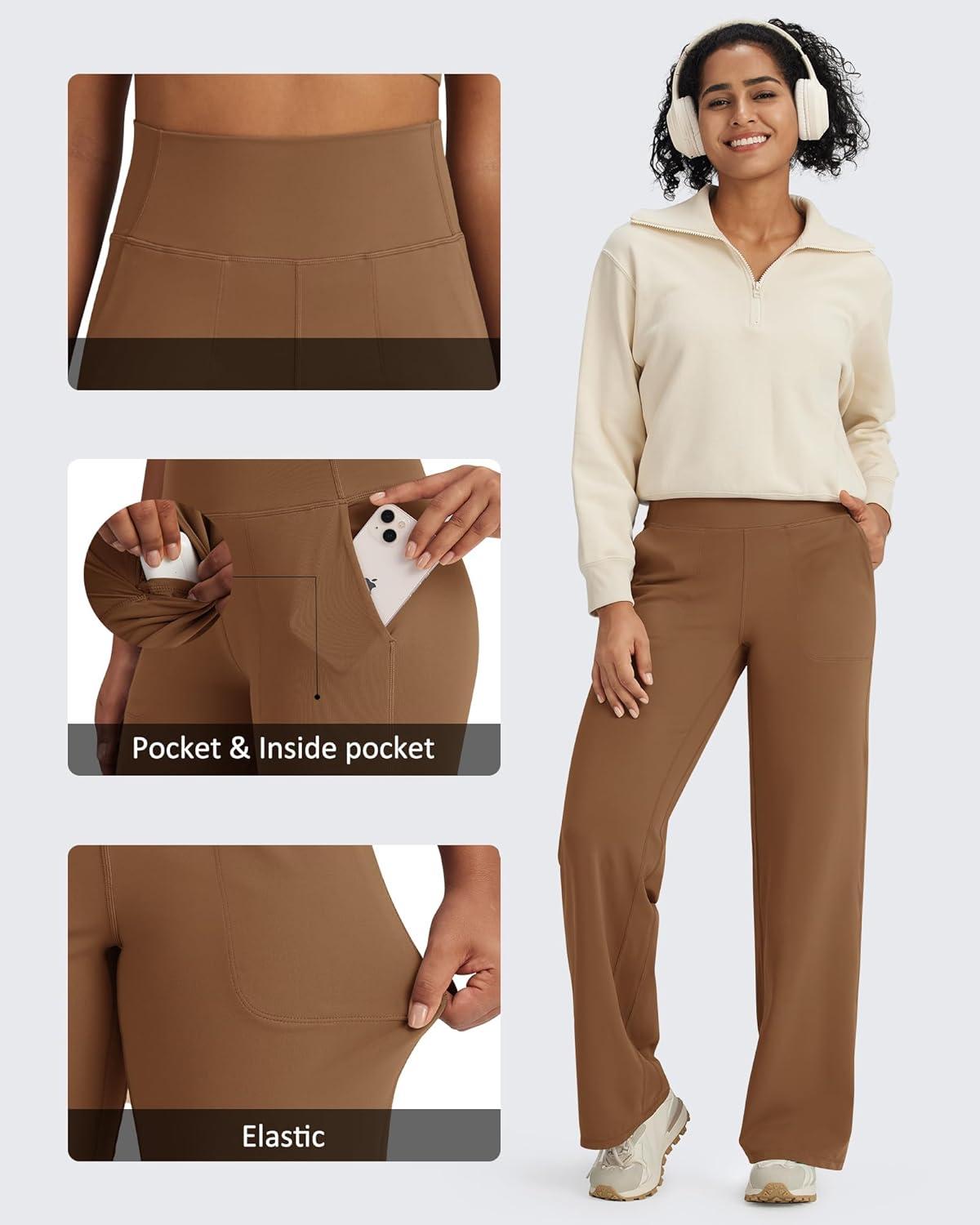 imageG4Free BareFeel High Stretch Yoga Pants Women Soft High Waisted Casual Wide Leg Pants with PocketsDark Coffee