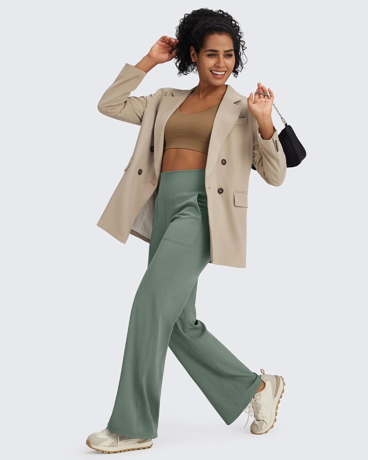 imageG4Free BareFeel High Stretch Yoga Pants Women Soft High Waisted Casual Wide Leg Pants with PocketsGray Sage