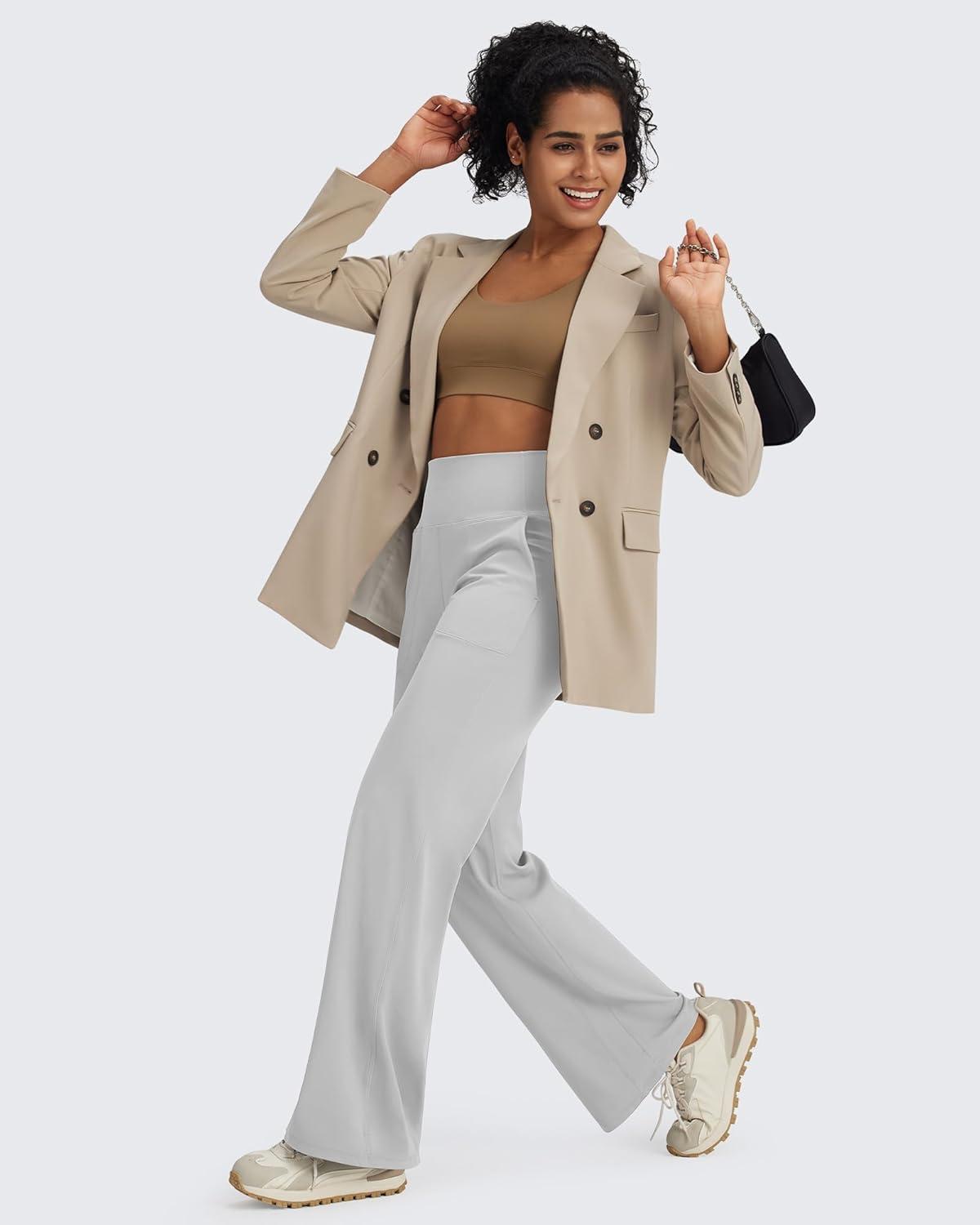 imageG4Free BareFeel High Stretch Yoga Pants Women Soft High Waisted Casual Wide Leg Pants with PocketsLight Gray