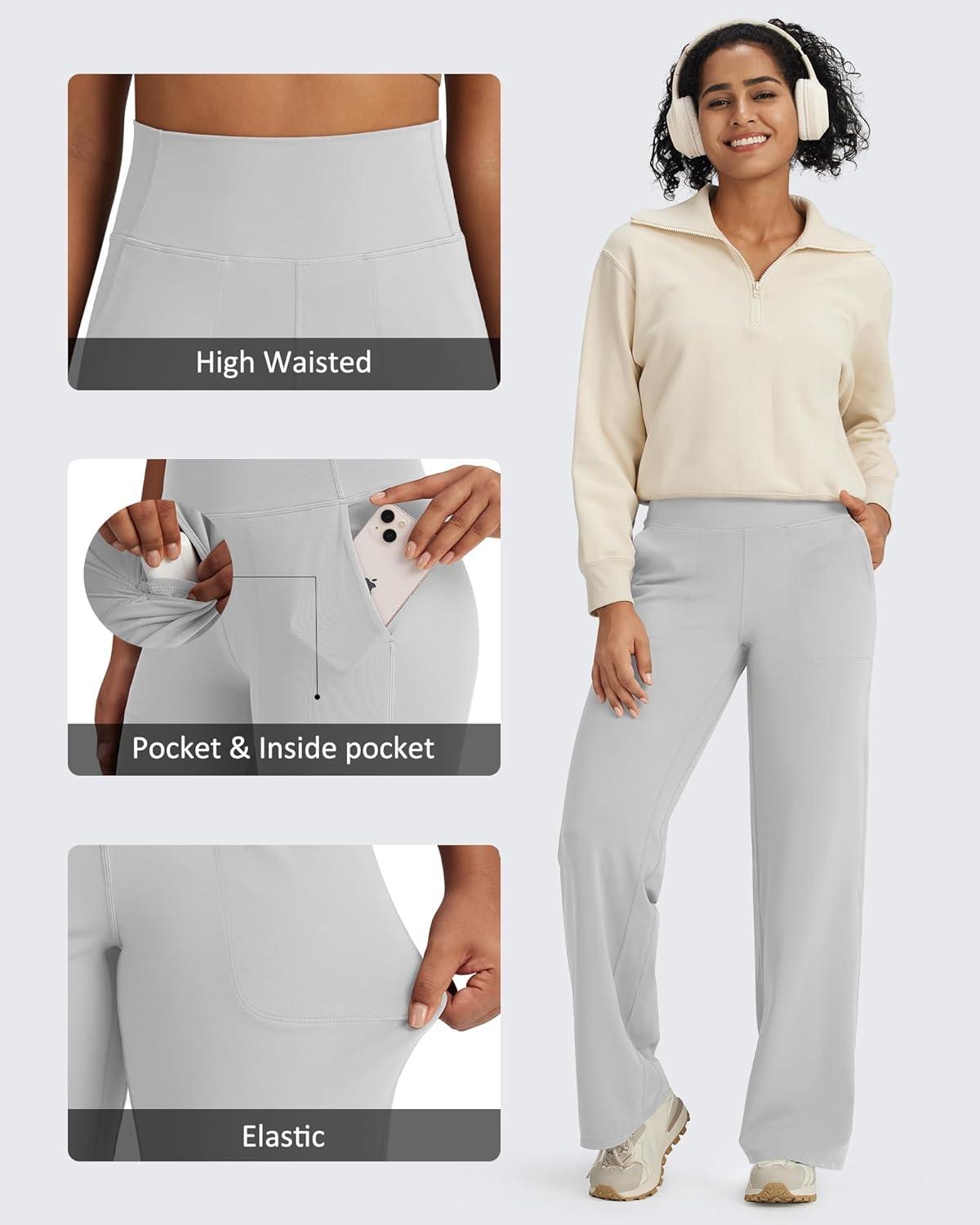 imageG4Free BareFeel High Stretch Yoga Pants Women Soft High Waisted Casual Wide Leg Pants with PocketsLight Gray