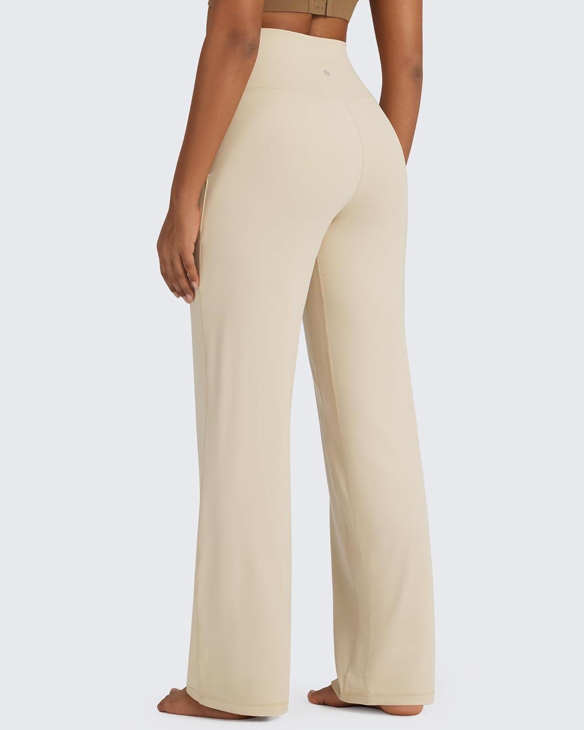 imageG4Free BareFeel High Stretch Yoga Pants Women Soft High Waisted Casual Wide Leg Pants with PocketsLight Khaki