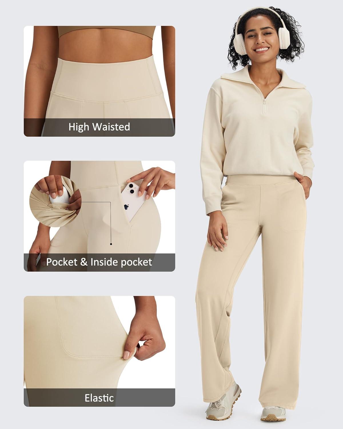 imageG4Free BareFeel High Stretch Yoga Pants Women Soft High Waisted Casual Wide Leg Pants with PocketsLight Khaki