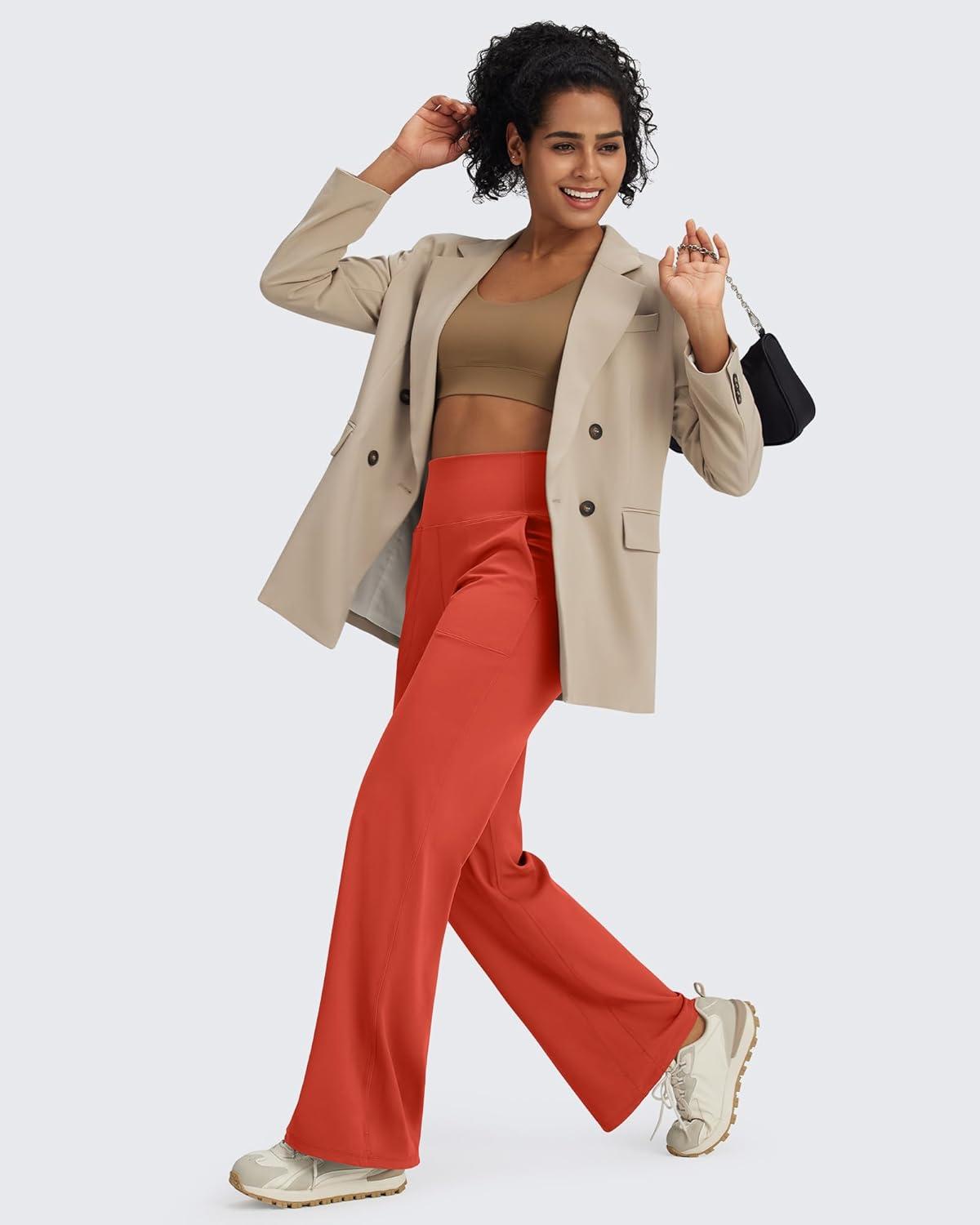 imageG4Free BareFeel High Stretch Yoga Pants Women Soft High Waisted Casual Wide Leg Pants with PocketsRust Orange
