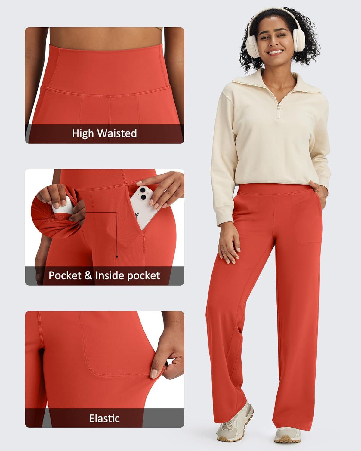 imageG4Free BareFeel High Stretch Yoga Pants Women Soft High Waisted Casual Wide Leg Pants with PocketsRust Orange