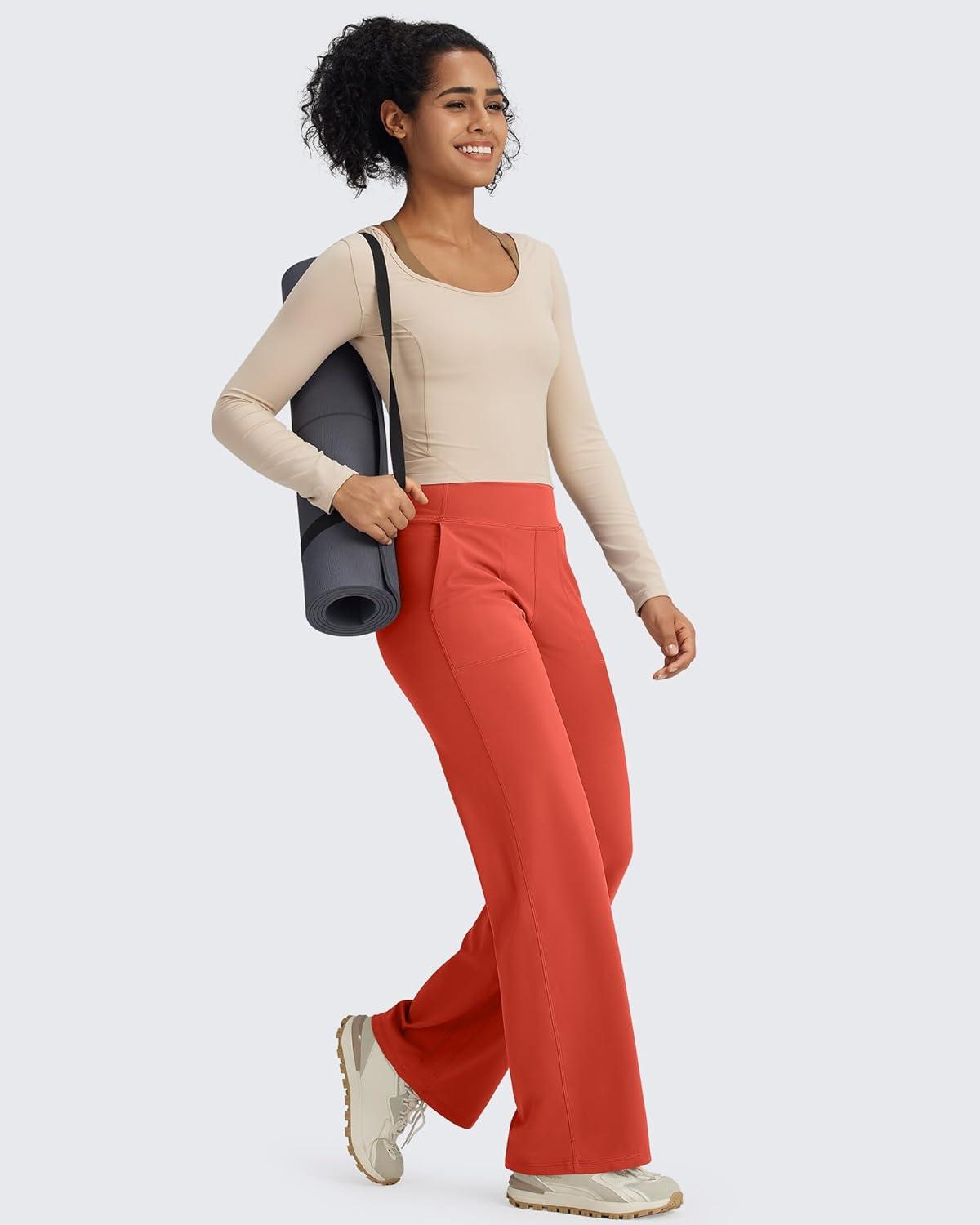 imageG4Free BareFeel High Stretch Yoga Pants Women Soft High Waisted Casual Wide Leg Pants with PocketsRust Orange