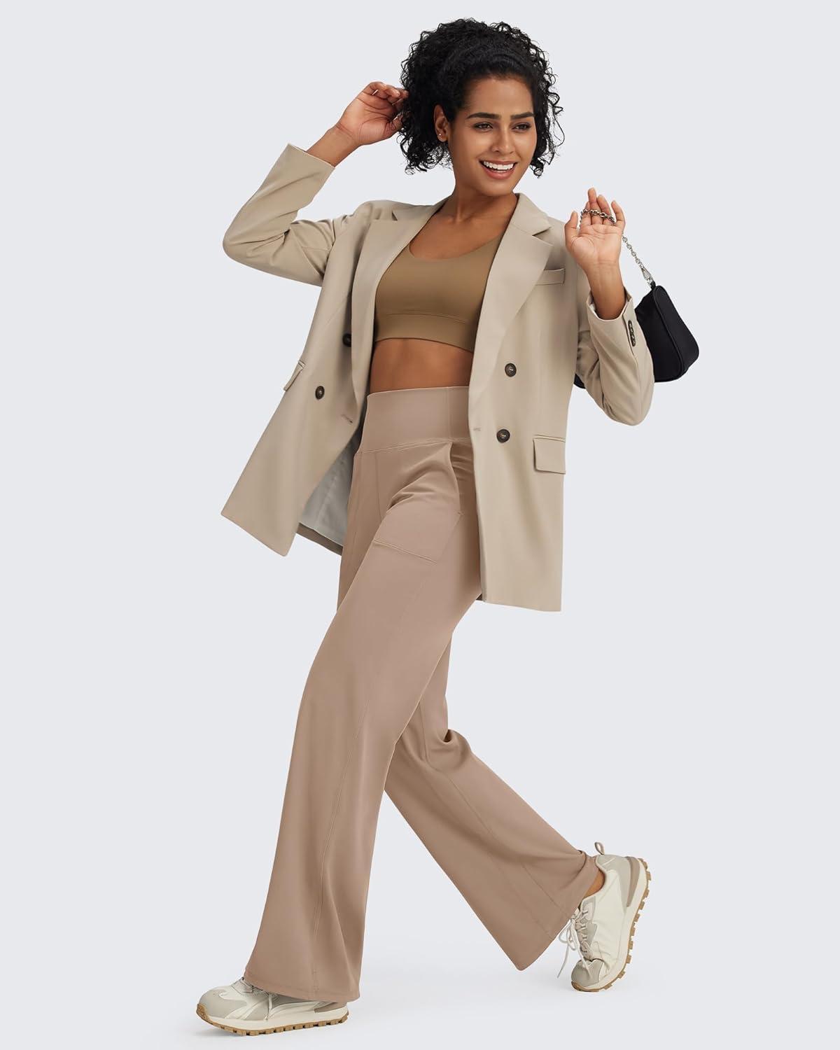 imageG4Free BareFeel High Stretch Yoga Pants Women Soft High Waisted Casual Wide Leg Pants with PocketsToffee