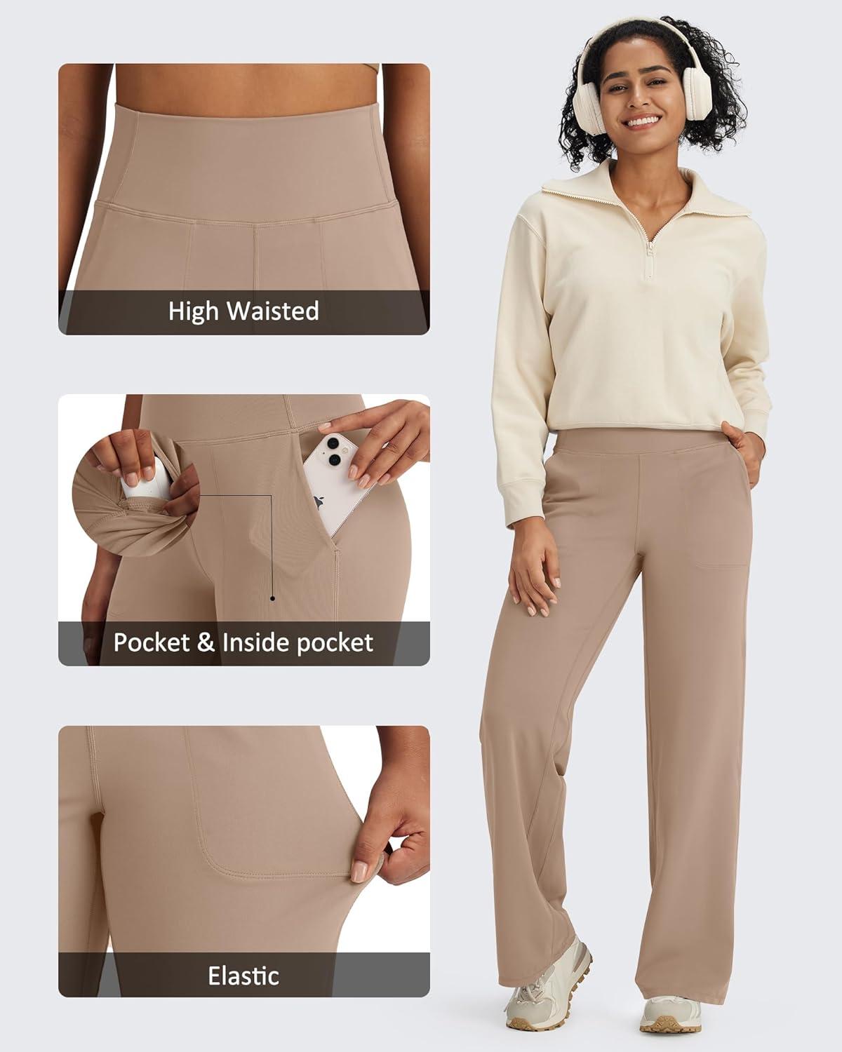 imageG4Free BareFeel High Stretch Yoga Pants Women Soft High Waisted Casual Wide Leg Pants with PocketsToffee