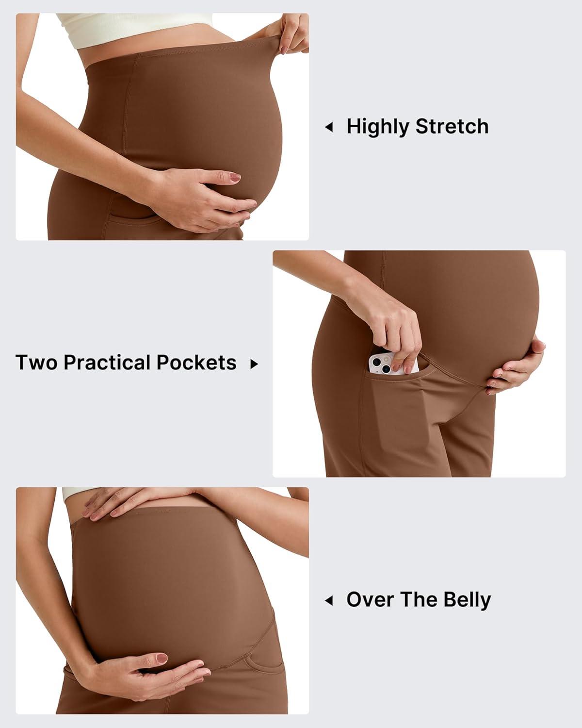 imageG4Free BareFeel Maternity Athletic Shorts with Pockets Over The Belly Workout Pants Comfy Summer Pregnancy ClothesDark Coffee