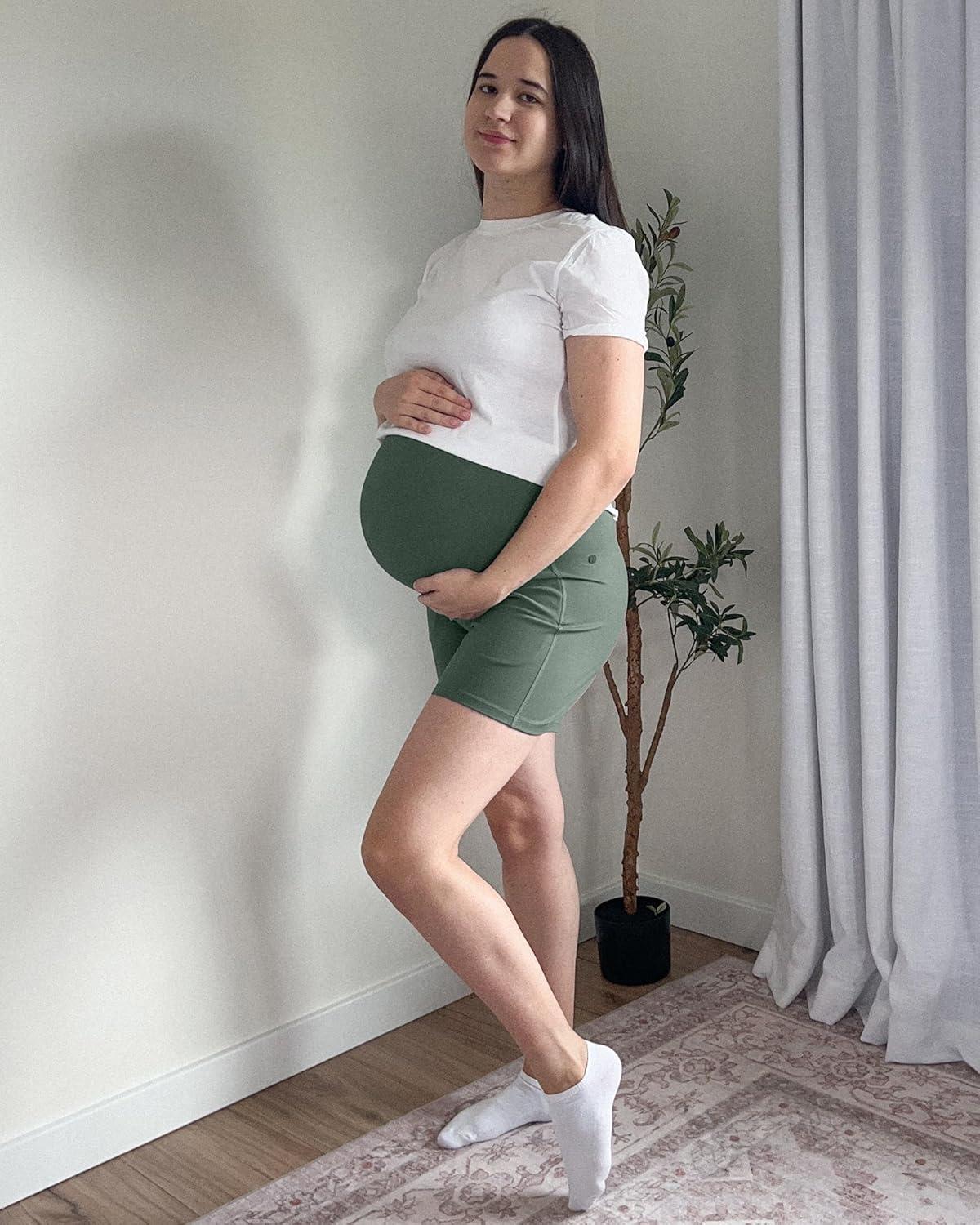 imageG4Free BareFeel Maternity Athletic Shorts with Pockets Over The Belly Workout Pants Comfy Summer Pregnancy ClothesGray Sage