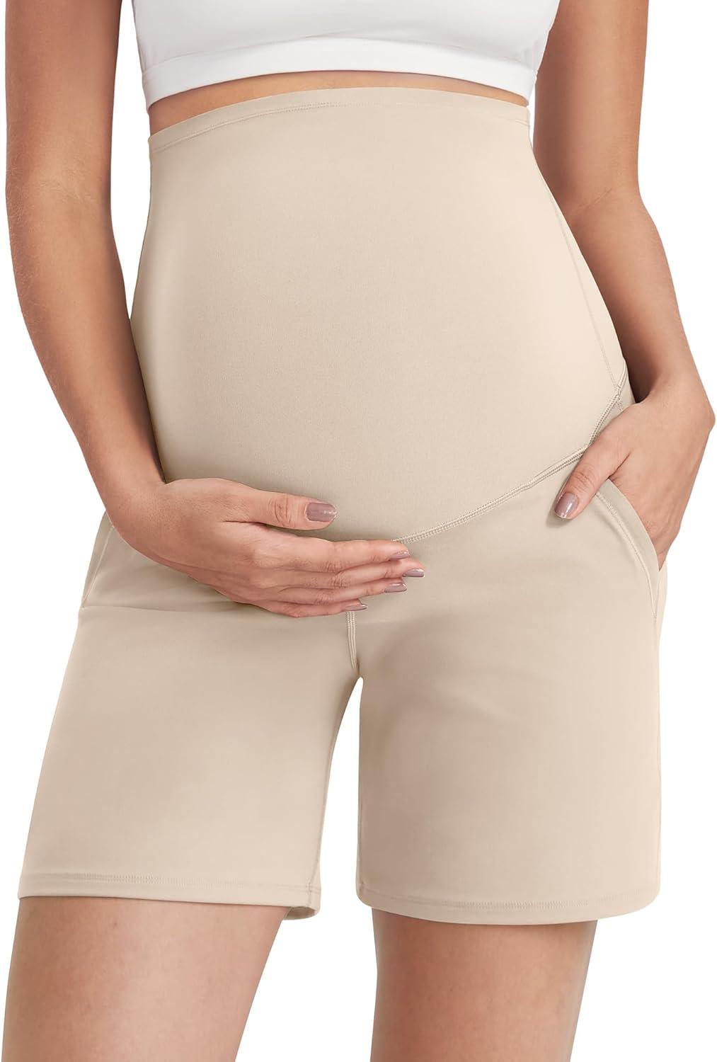 imageG4Free BareFeel Maternity Athletic Shorts with Pockets Over The Belly Workout Pants Comfy Summer Pregnancy ClothesLight Khaki