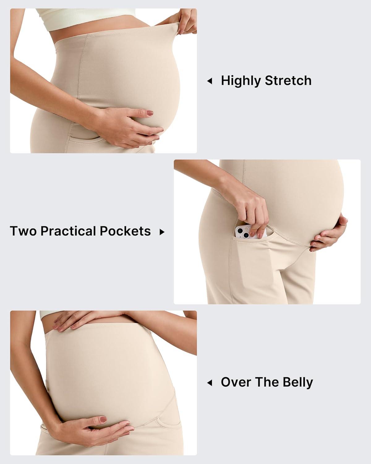 imageG4Free BareFeel Maternity Athletic Shorts with Pockets Over The Belly Workout Pants Comfy Summer Pregnancy ClothesLight Khaki