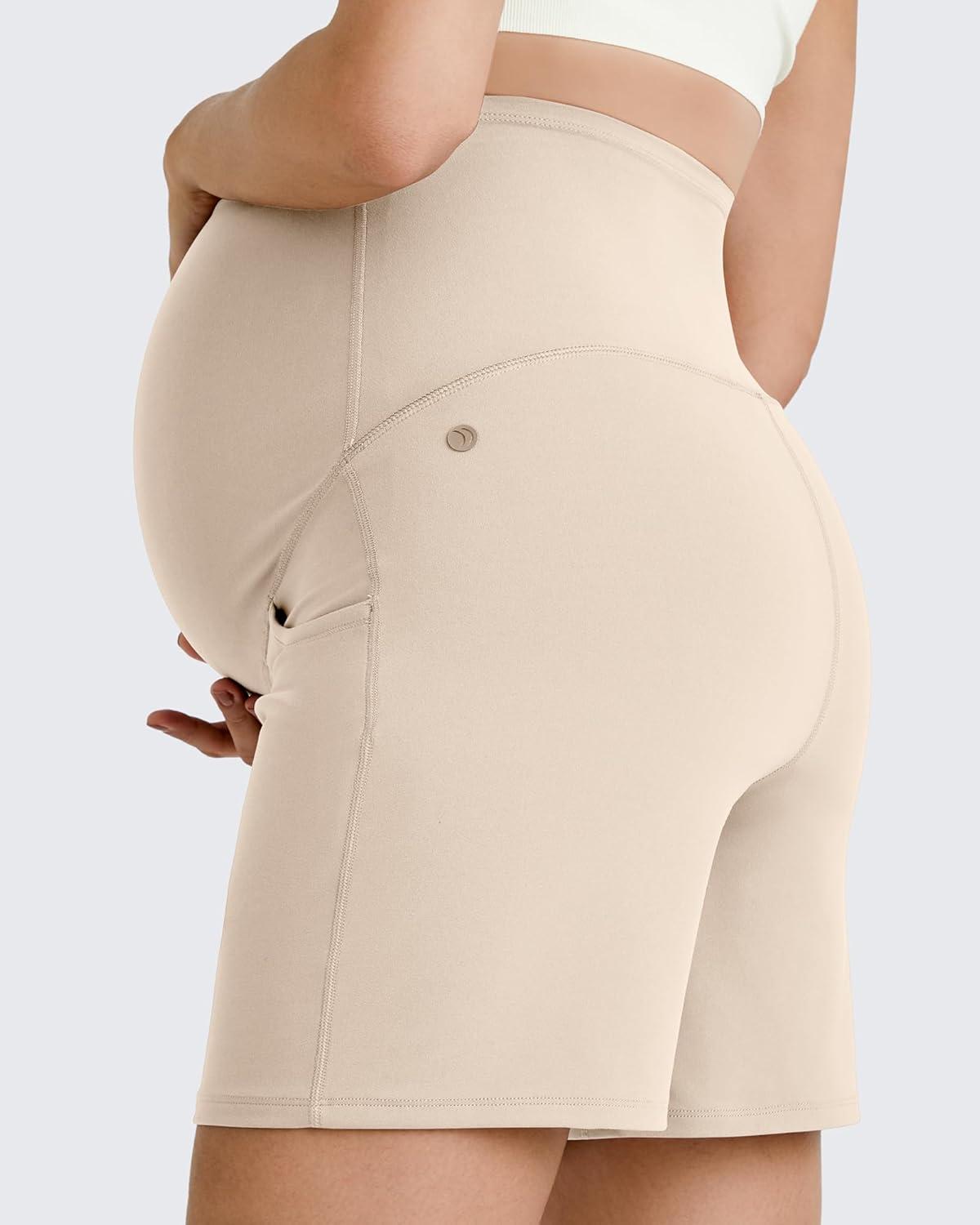 imageG4Free BareFeel Maternity Athletic Shorts with Pockets Over The Belly Workout Pants Comfy Summer Pregnancy ClothesLight Khaki