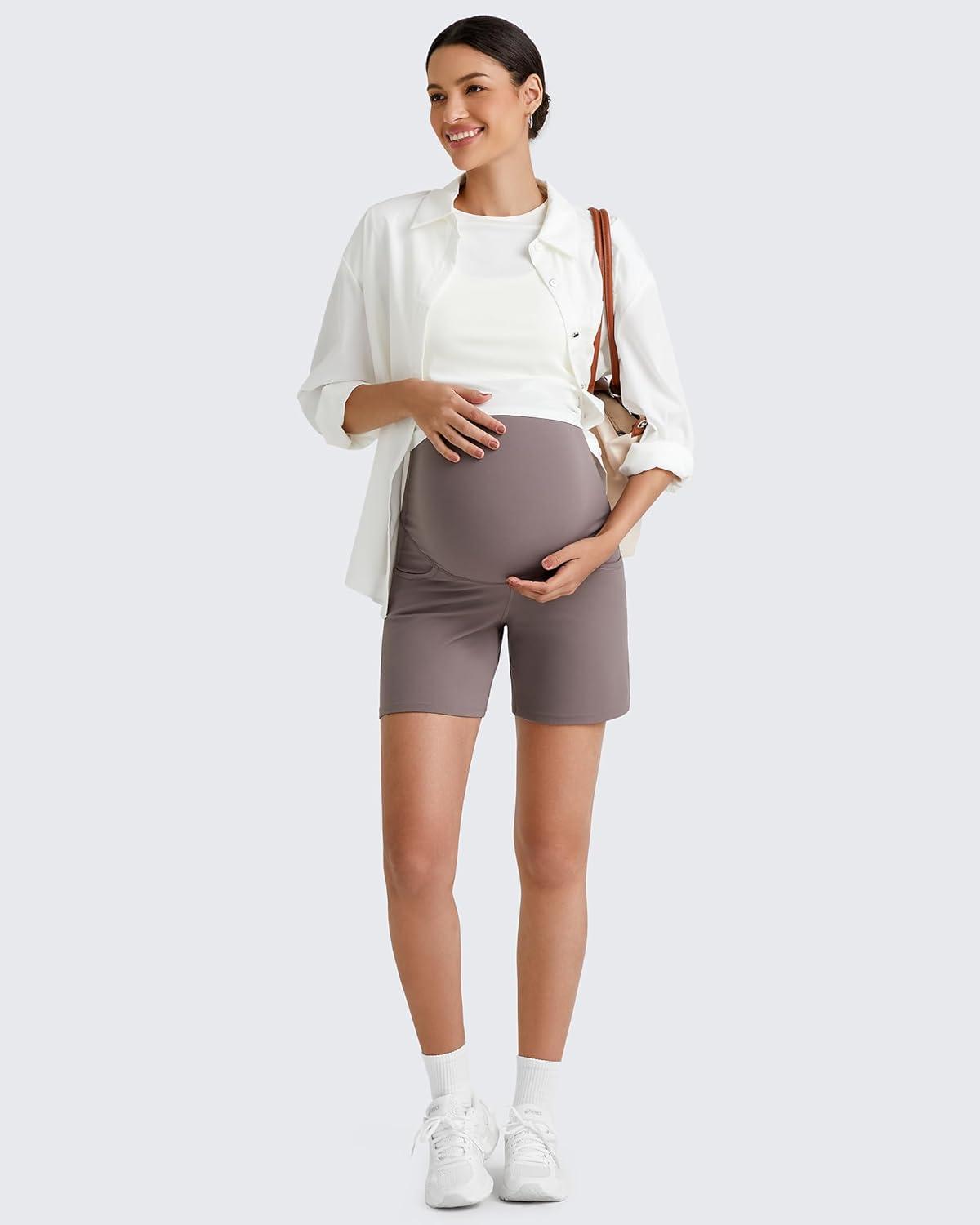 imageG4Free BareFeel Maternity Athletic Shorts with Pockets Over The Belly Workout Pants Comfy Summer Pregnancy ClothesTaupe