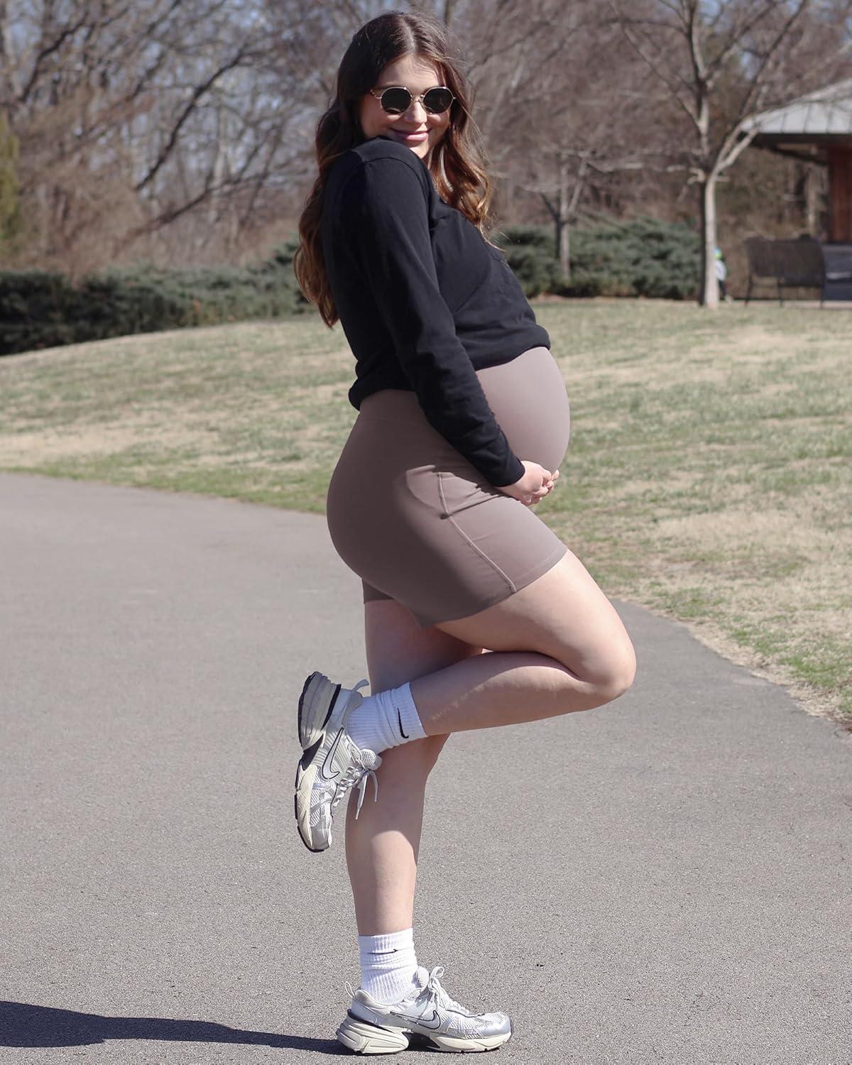imageG4Free BareFeel Maternity Athletic Shorts with Pockets Over The Belly Workout Pants Comfy Summer Pregnancy ClothesTaupe