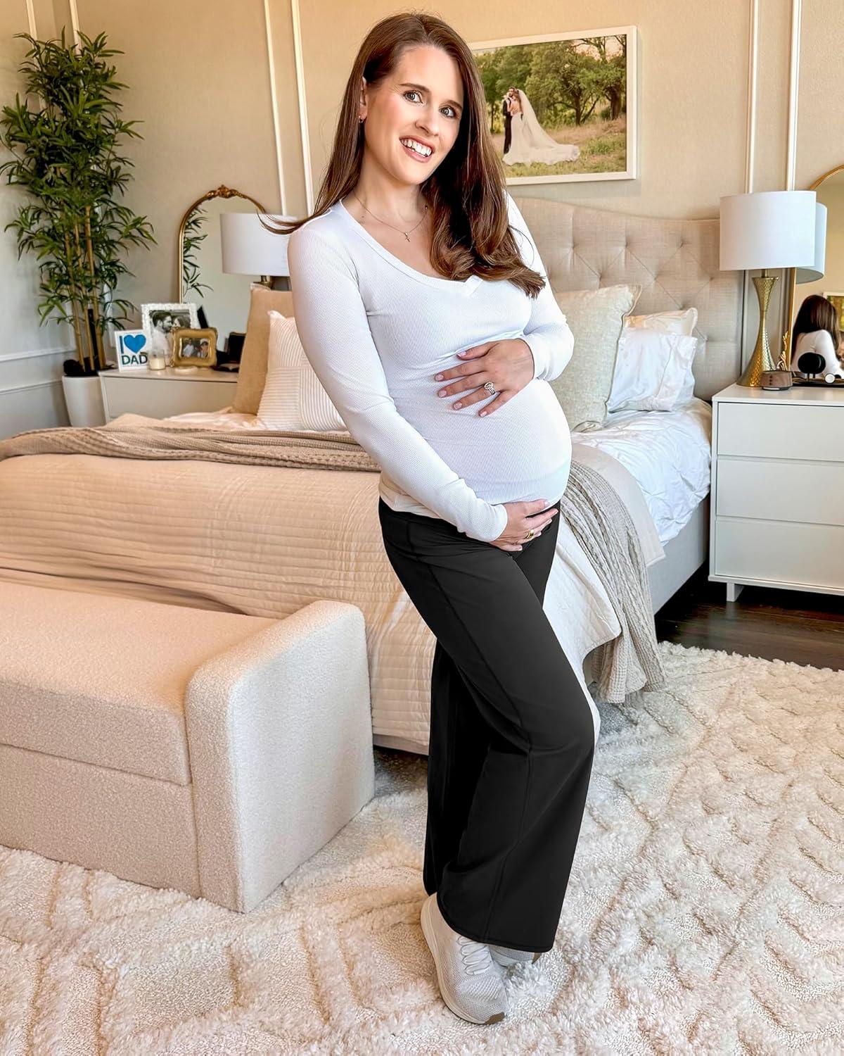 imageG4Free BareFeel Maternity Dress Yoga Pants Over The Belly Stretchy Work Slack Pregnancy Wide Leg Lounge TrousersBlack