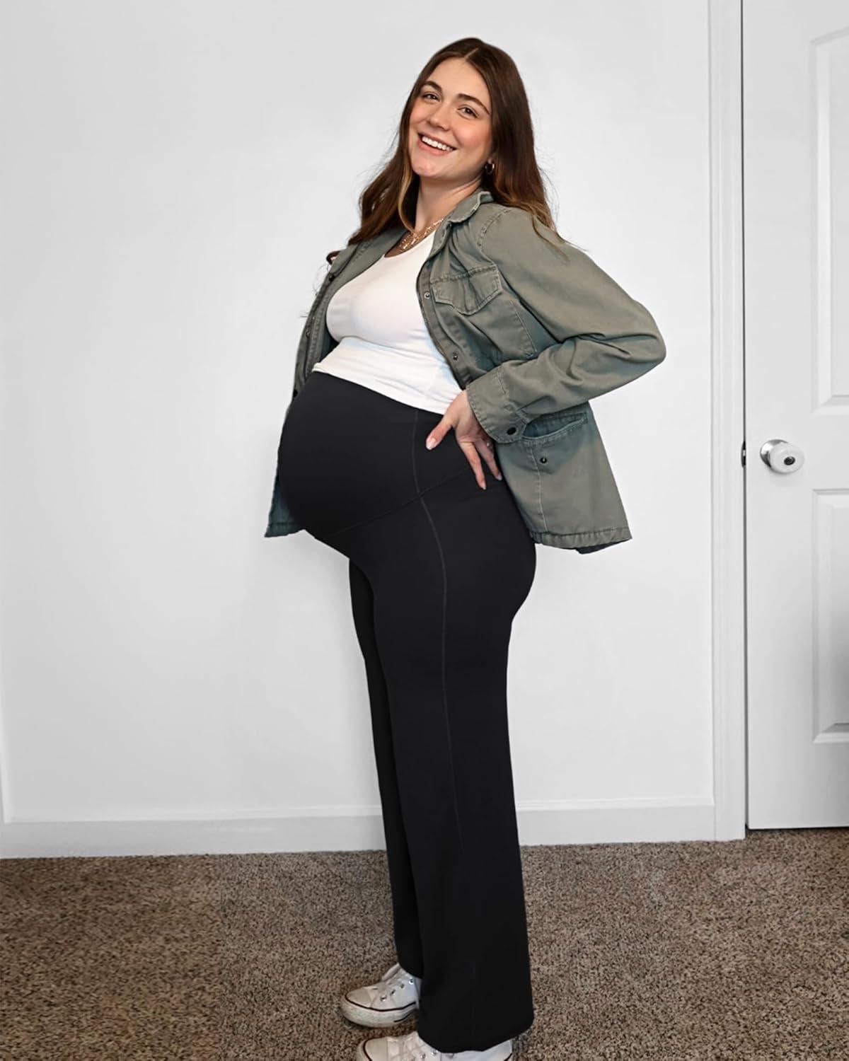 imageG4Free BareFeel Maternity Dress Yoga Pants Over The Belly Stretchy Work Slack Pregnancy Wide Leg Lounge TrousersBlack
