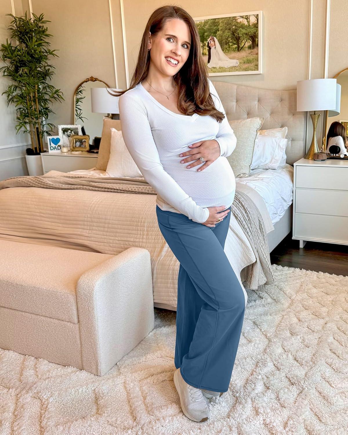 imageG4Free BareFeel Maternity Dress Yoga Pants Over The Belly Stretchy Work Slack Pregnancy Wide Leg Lounge TrousersBlue Gray