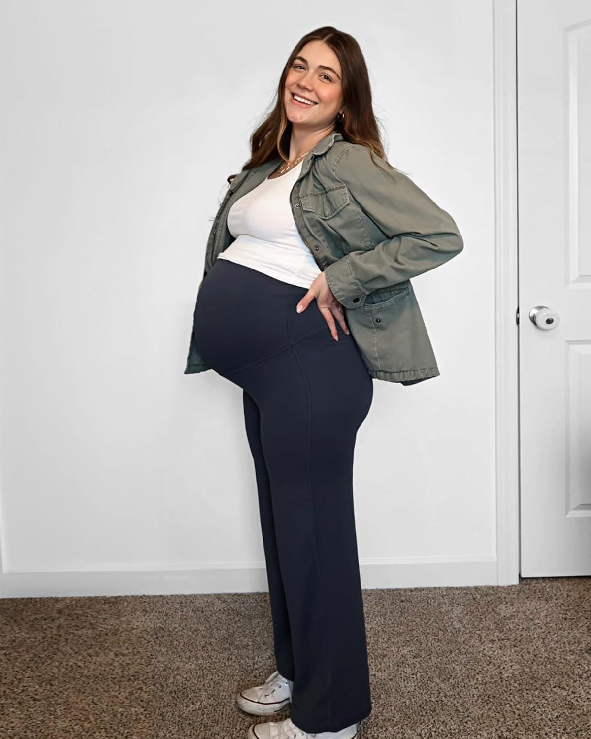 imageG4Free BareFeel Maternity Dress Yoga Pants Over The Belly Stretchy Work Slack Pregnancy Wide Leg Lounge TrousersDark Blue