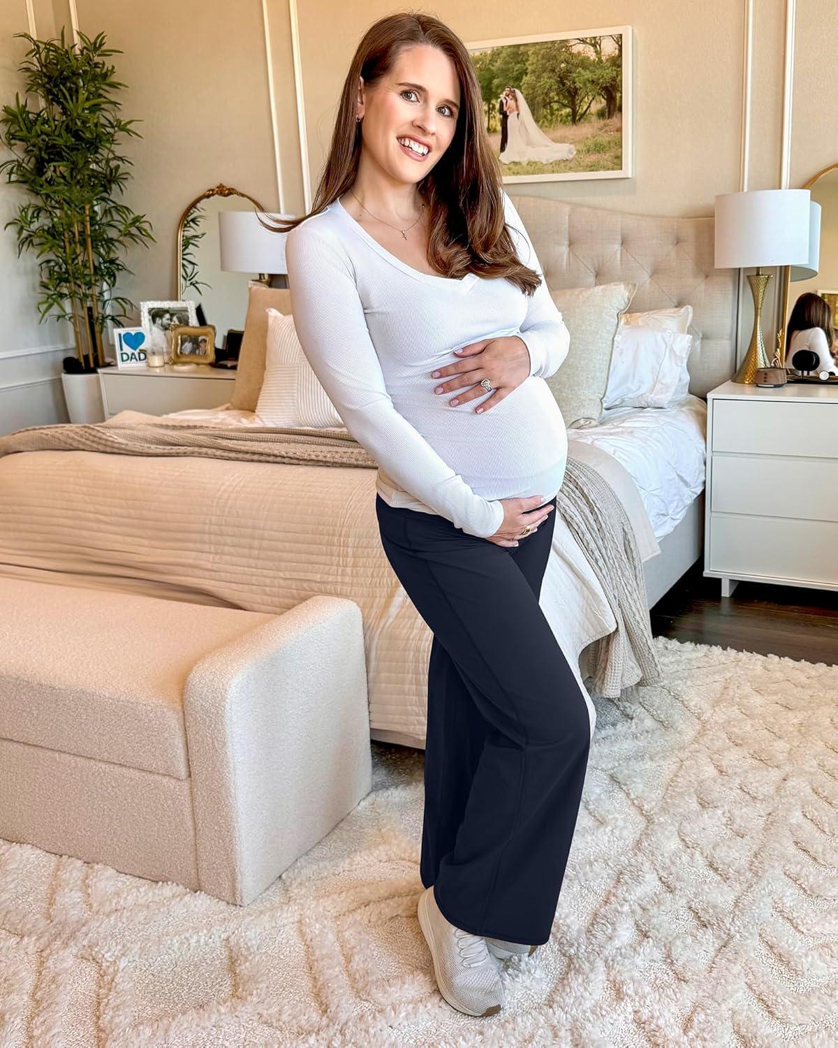 imageG4Free BareFeel Maternity Dress Yoga Pants Over The Belly Stretchy Work Slack Pregnancy Wide Leg Lounge TrousersDark Blue